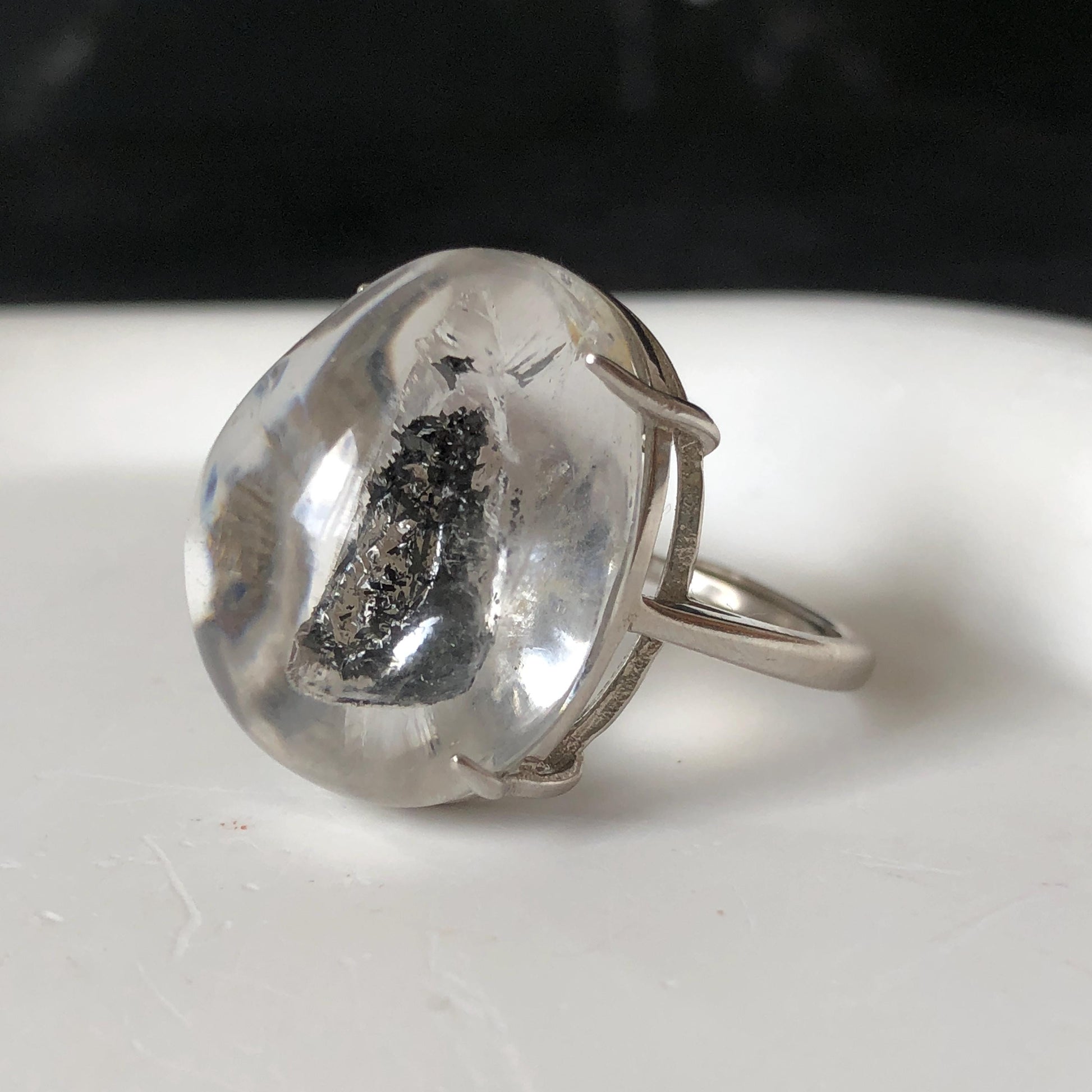 Polished Enhydro Quartz (Herkimer Diamond) S925 Silver Adjustable Ring: Moving Black Mica Sand and Bubble Inclusion in Triangle Chamber | Crystal Statement Ring for Women ring crystal band ring crystal cocktail ring crystal stackable ring 7 chakra crystal ring meditation crystal healing stone birthstone silver ring ring for men rainbow quartz inclusion quartz inclusion crystal minerals specimen silver ring free size ring adjustable ring holder rain quartz quick sand inclusion water inclusion