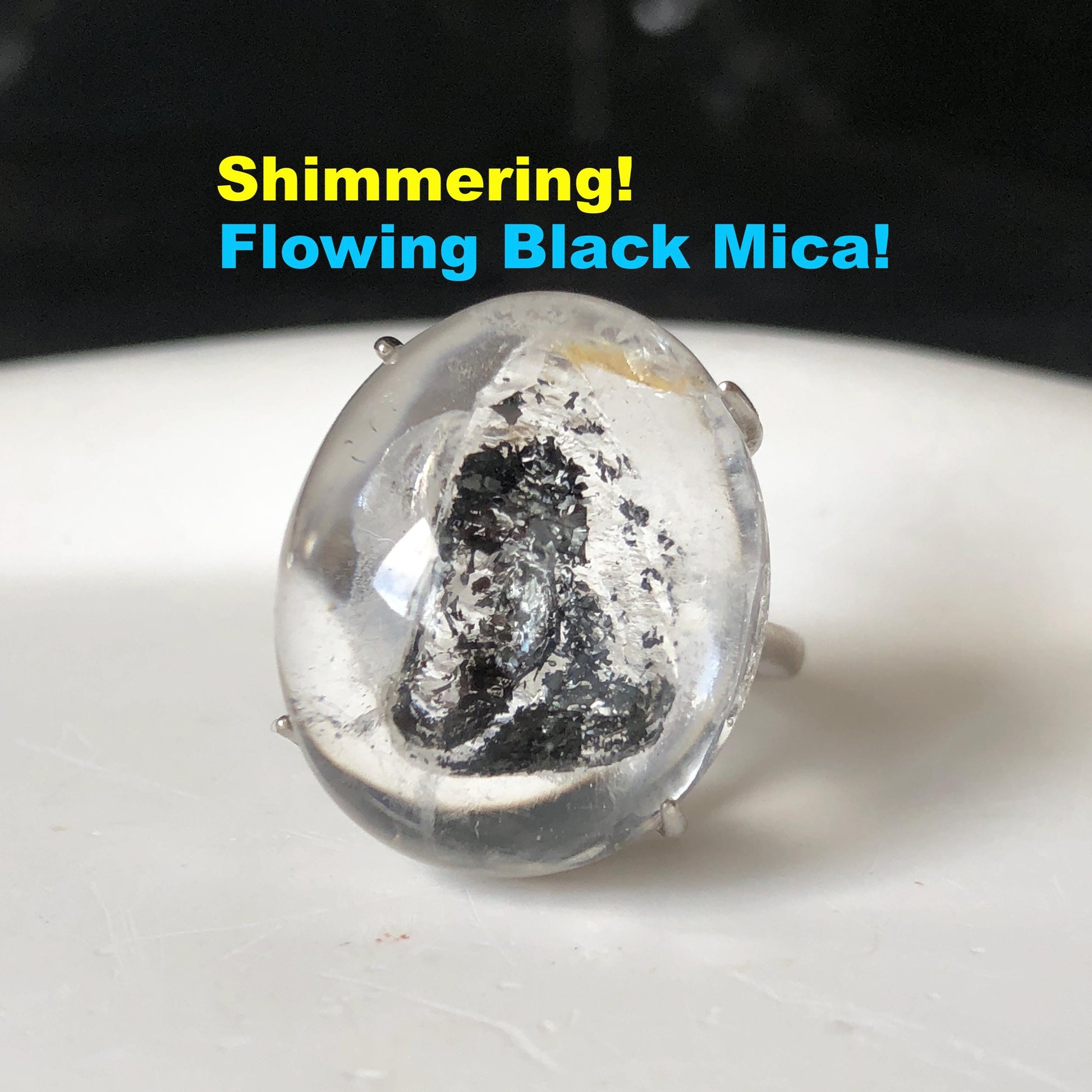 Polished Enhydro Quartz (Herkimer Diamond) S925 Silver Adjustable Ring: Moving Black Mica Sand and Bubble Inclusion in Triangle Chamber | Crystal Statement Ring for Women ring crystal band ring crystal cocktail ring crystal stackable ring 7 chakra crystal ring meditation crystal healing stone birthstone silver ring ring for men rainbow quartz inclusion quartz inclusion crystal minerals specimen silver ring free size ring adjustable ring holder rain quartz quick sand inclusion water inclusion