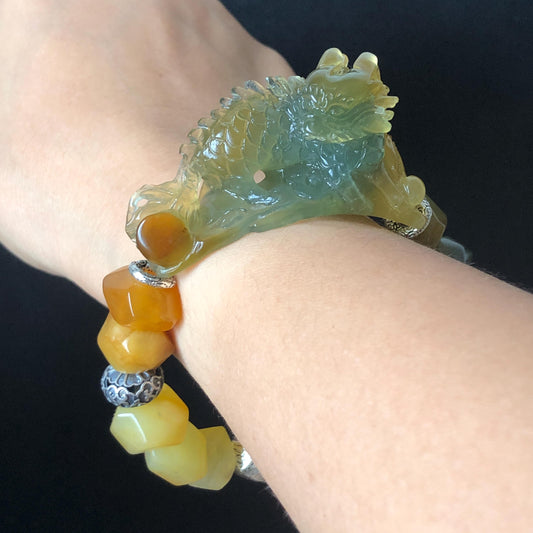 Xiu Jade Qilin Kirin Hand Carved Charm with Irregular Bead Bracelet: Natural Serpentine Multicolor Green Yellow Red Stone Bracelet with Vintage Tibetan SilverAccessory | Crystal Stone Gemstone Personalized Gift for her Multi-coloured Jade customised bracelet hand engraved jade bracelet carved charm carved pendant Kirin carving Qilin bracelet yellow jade red jade green jade bracelet tailor made bracelet personalised diy bracelet untreated jade elastic stretch bracelet Kirin lover gift