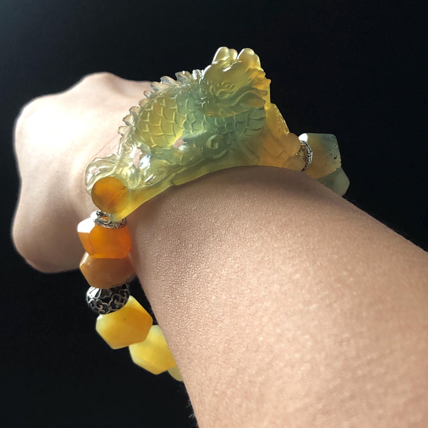 Xiu Jade Qilin Kirin Hand Carved Charm with Irregular Bead Bracelet: Natural Serpentine Multicolor Green Yellow Red Stone Bracelet with Vintage Tibetan SilverAccessory | Crystal Stone Gemstone Personalized Gift for her Multi-coloured Jade customised bracelet hand engraved jade bracelet carved charm carved pendant Kirin carving Qilin bracelet yellow jade red jade green jade bracelet tailor made bracelet personalised diy bracelet untreated jade elastic stretch bracelet Kirin lover gift
