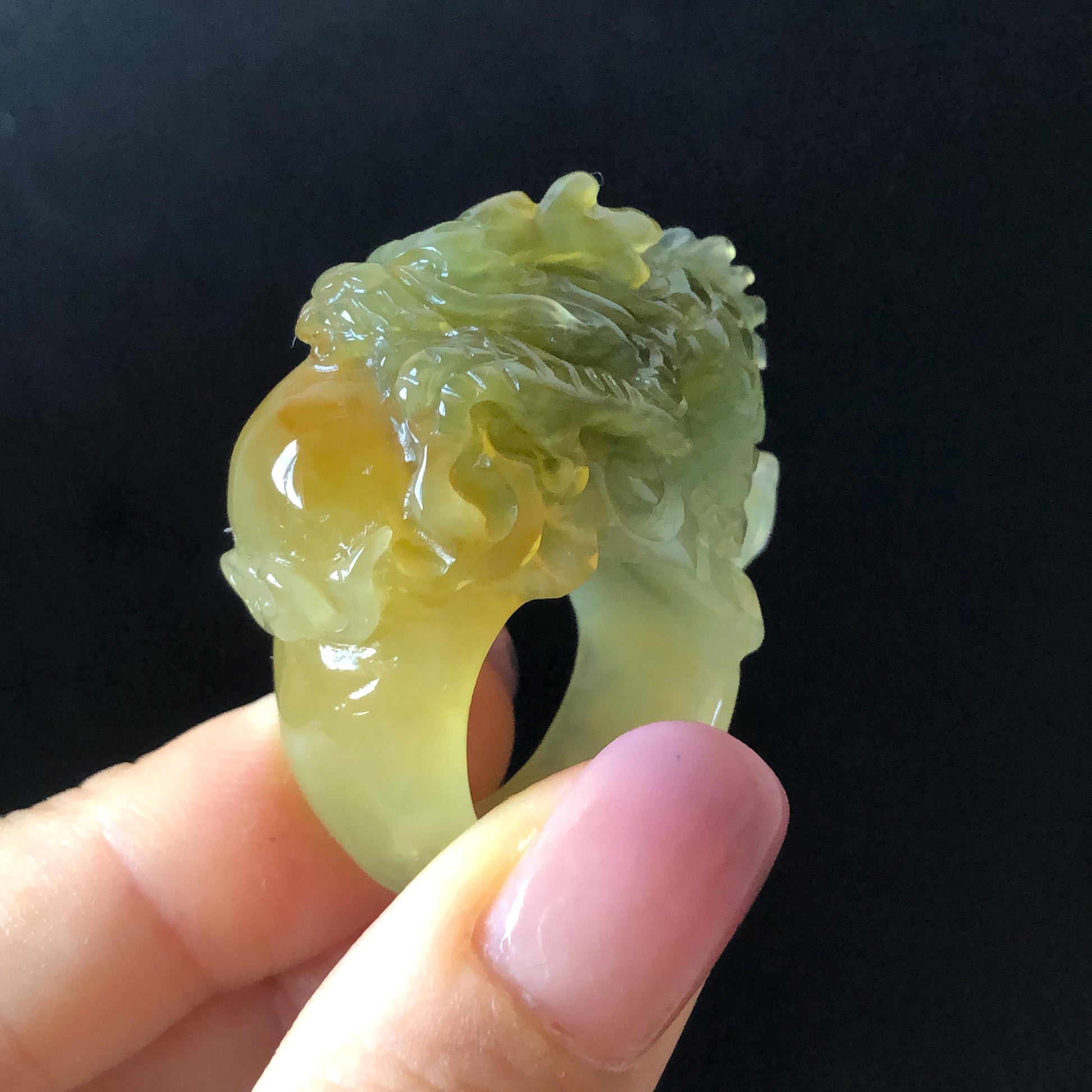 Xiu Jade Hand Carved Spraying Fire Dragon Ring 17.8mm (US 6 3/4) : Natural Serpentine Tri-colour Yellow Green White Jade Statement ring | 3D Stone Carving Band Ring gift for her green jade carving yellow jade white jade multicolour jade dragon carving hand engraved statement ring hand carved flower natural untreated jade handcrafted jade ring hallow out style Gemstone Carving dragon Lover gift jade cocktail ring jade band ring thumb ring handcrafted jade cocktail ring stackable ring women