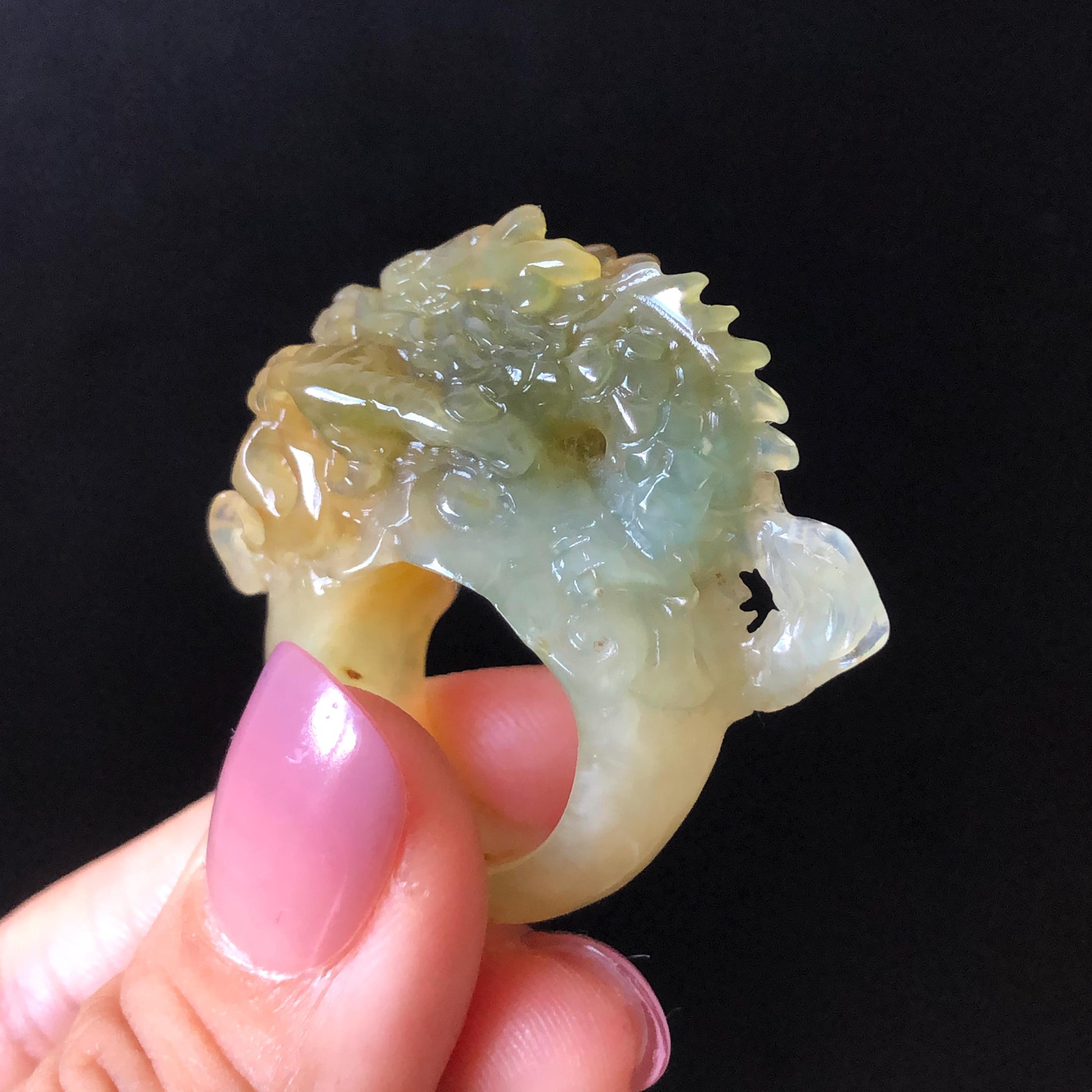 Xiu Jade Hand Carved Spraying Fire Dragon Ring 17.8mm (US 6 3/4) : Natural Serpentine Tri-colour Yellow Green White Jade Statement ring | 3D Stone Carving Band Ring gift for her green jade carving yellow jade white jade multicolour jade dragon carving hand engraved statement ring hand carved flower natural untreated jade handcrafted jade ring hallow out style Gemstone Carving dragon Lover gift jade cocktail ring jade band ring thumb ring handcrafted jade cocktail ring stackable ring women