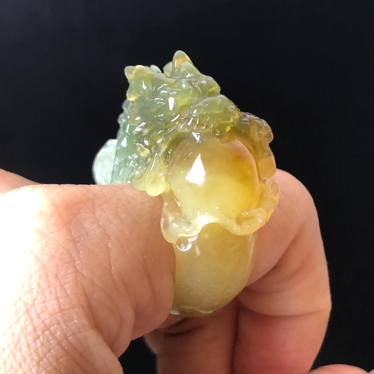Xiu Jade Hand Carved Spraying Fire Dragon Ring 17.8mm (US 6 3/4) : Natural Serpentine Tri-colour Yellow Green White Jade Statement ring | 3D Stone Carving Band Ring gift for her green jade carving yellow jade white jade multicolour jade dragon carving hand engraved statement ring hand carved flower natural untreated jade handcrafted jade ring hallow out style Gemstone Carving dragon Lover gift jade cocktail ring jade band ring thumb ring handcrafted jade cocktail ring stackable ring women