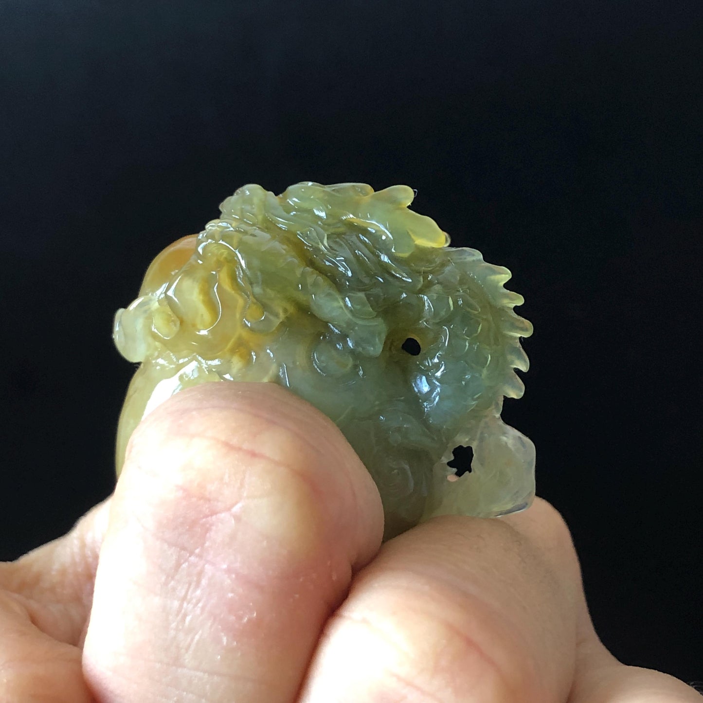 Xiu Jade Hand Carved Spraying Fire Dragon Ring 17.8mm (US 6 3/4) : Natural Serpentine Tri-colour Yellow Green White Jade Statement ring | 3D Stone Carving Band Ring gift for her green jade carving yellow jade white jade multicolour jade dragon carving hand engraved statement ring hand carved flower natural untreated jade handcrafted jade ring hallow out style Gemstone Carving dragon Lover gift jade cocktail ring jade band ring thumb ring handcrafted jade cocktail ring stackable ring women