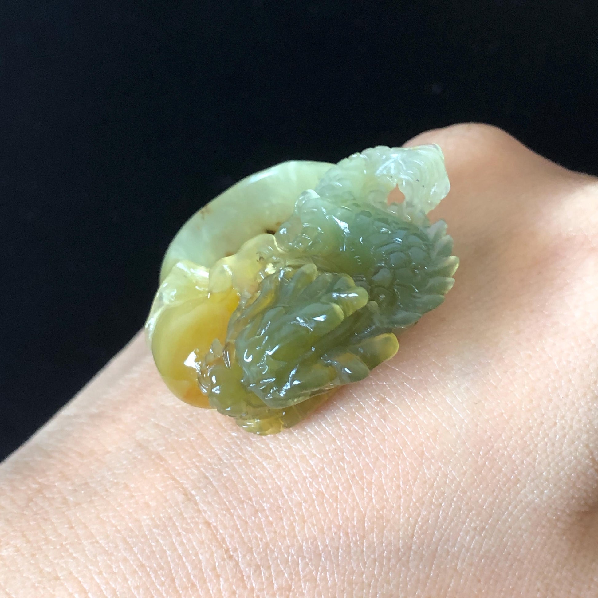 Xiu Jade Hand Carved Spraying Fire Dragon Ring 17.8mm (US 6 3/4) : Natural Serpentine Tri-colour Yellow Green White Jade Statement ring | 3D Stone Carving Band Ring gift for her green jade carving yellow jade white jade multicolour jade dragon carving hand engraved statement ring hand carved flower natural untreated jade handcrafted jade ring hallow out style Gemstone Carving dragon Lover gift jade cocktail ring jade band ring thumb ring handcrafted jade cocktail ring stackable ring women