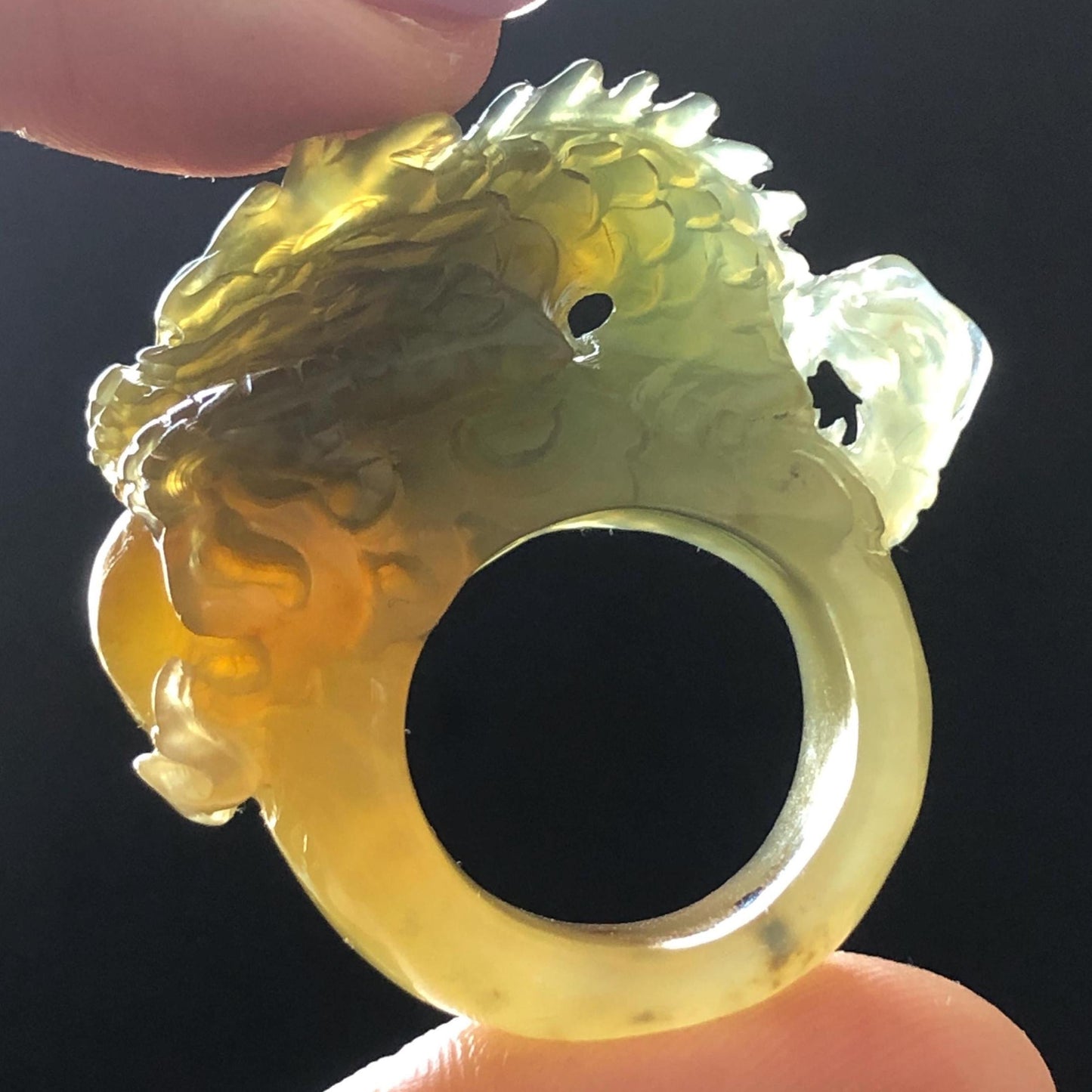 Xiu Jade Hand Carved Spraying Fire Dragon Ring 17.8mm (US 6 3/4) : Natural Serpentine Tri-colour Yellow Green White Jade Statement ring | 3D Stone Carving Band Ring gift for her green jade carving yellow jade white jade multicolour jade dragon carving hand engraved statement ring hand carved flower natural untreated jade handcrafted jade ring hallow out style Gemstone Carving dragon Lover gift jade cocktail ring jade band ring thumb ring handcrafted jade cocktail ring stackable ring women