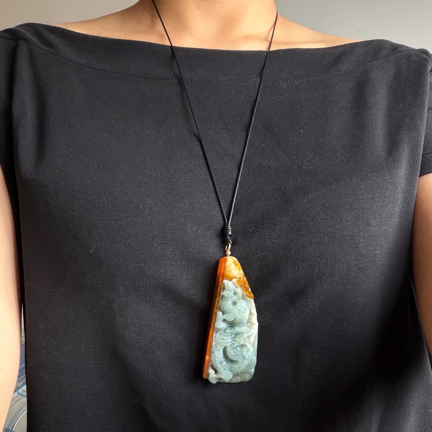 Xiu Jade Dragon Hand Carved Pendant Adjustable Necklace: Natural Serpentine Multicolour Greenish Blue, Yellow and Brown Jade Hand carved Charm | Power & Wealth | Stone Crystal Gemstone Jewellery gift for her gift for him hand engraved jade handcrafted jade charm blue jade green jade yellow jade brown jade red jade multicolor jade relief carving 3D stone carving dragon carving antique pendant asian vintage charm lucky charm big pendant   certificate jade untreat real jade dragon lover gift
