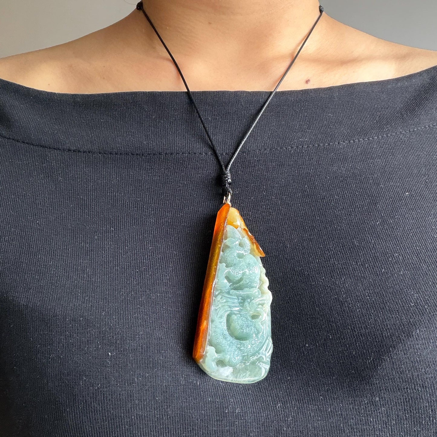 Xiu Jade Dragon Hand Carved Pendant Adjustable Necklace: Natural Serpentine Multicolour Greenish Blue, Yellow and Brown Jade Hand carved Charm | Power & Wealth | Stone Crystal Gemstone Jewellery gift for her gift for him hand engraved jade handcrafted jade charm blue jade green jade yellow jade brown jade red jade multicolor jade relief carving 3D stone carving dragon carving antique pendant asian vintage charm lucky charm big pendant   certificate jade untreat real jade dragon lover gift