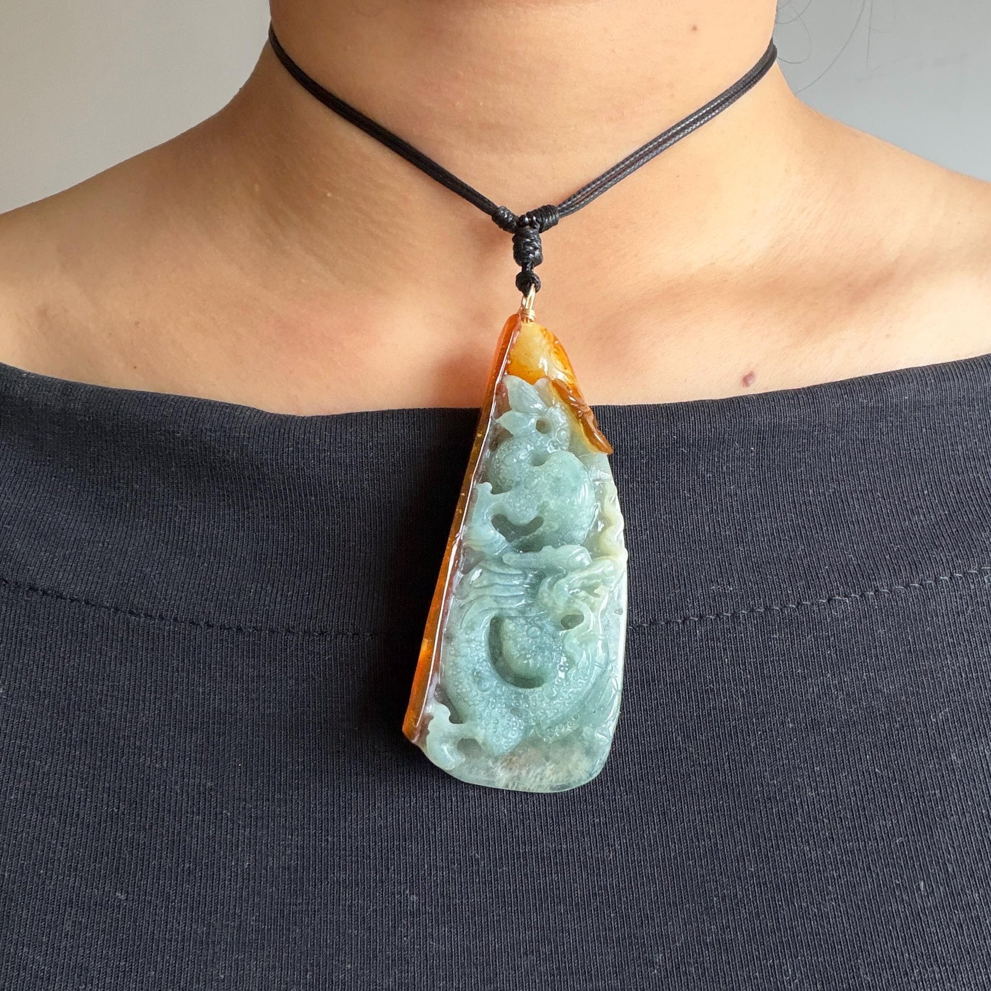 Xiu Jade Dragon Hand Carved Pendant Adjustable Necklace: Natural Serpentine Multicolour Greenish Blue, Yellow and Brown Jade Hand carved Charm | Power & Wealth | Stone Crystal Gemstone Jewellery gift for her gift for him hand engraved jade handcrafted jade charm blue jade green jade yellow jade brown jade red jade multicolor jade relief carving 3D stone carving dragon carving antique pendant asian vintage charm lucky charm big pendant   certificate jade untreat real jade dragon lover gift