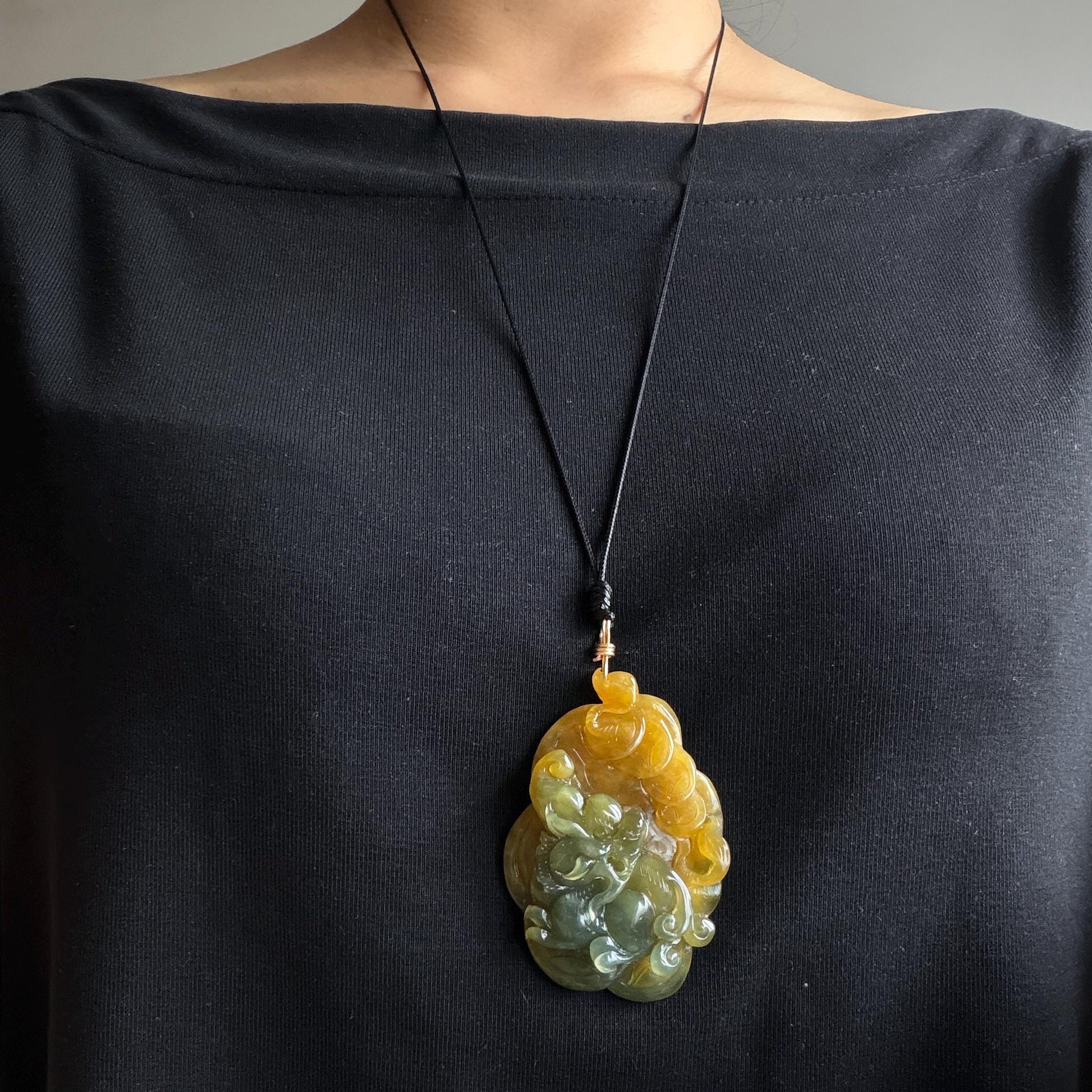 Xiu Jade Pixiu Hand Carved Pendant Adjustable Necklace: Natural Serpentine Yellow & Green Jade Hand Engraved Charm | Abundance & Wealth | Stone Crystal Gemstone Jewellery gift for her gift for him hand engraved jade handcrafted jade charm blue jade green jade yellow jade brown jade red jade multicolor jade relief carving 3D stone carving pixiu carving antique pendant asian vintage charm lucky charm big pendant certificate jade untreat real jade pixiu lover gift
