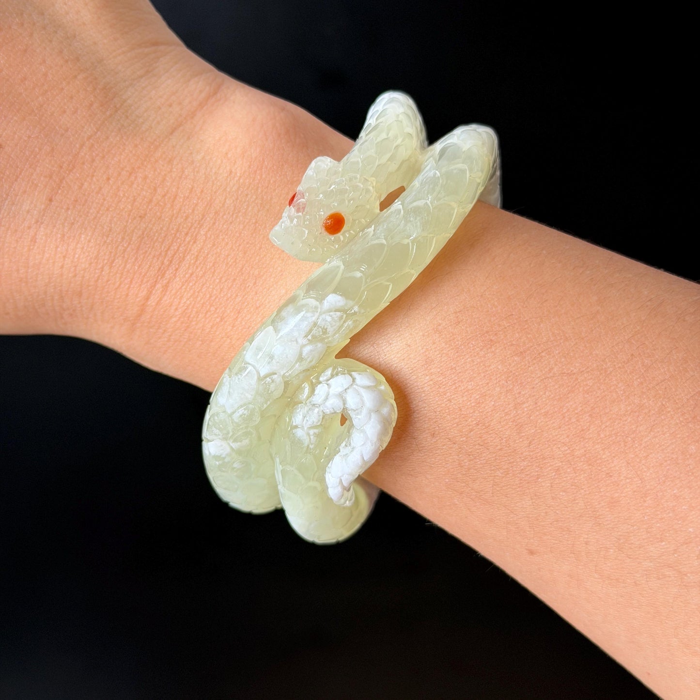 Custom Size 50-65mm! Xiu Jade White Snake Hand Carved Bangle: Certified Natural Serpentine White & Green Jade with Red Agate handcrafted Bracelet 3D stone carving Accept Customized order tailor-made bangle customized gift snake lover natural jade with certificate bracelet green jade white jade certified jade stone bangle gemstone bracelet crystal bangle jade carving personalized gift make to order antique bracelet chinese untreated jade birthday gift hallow out red agate bracelet