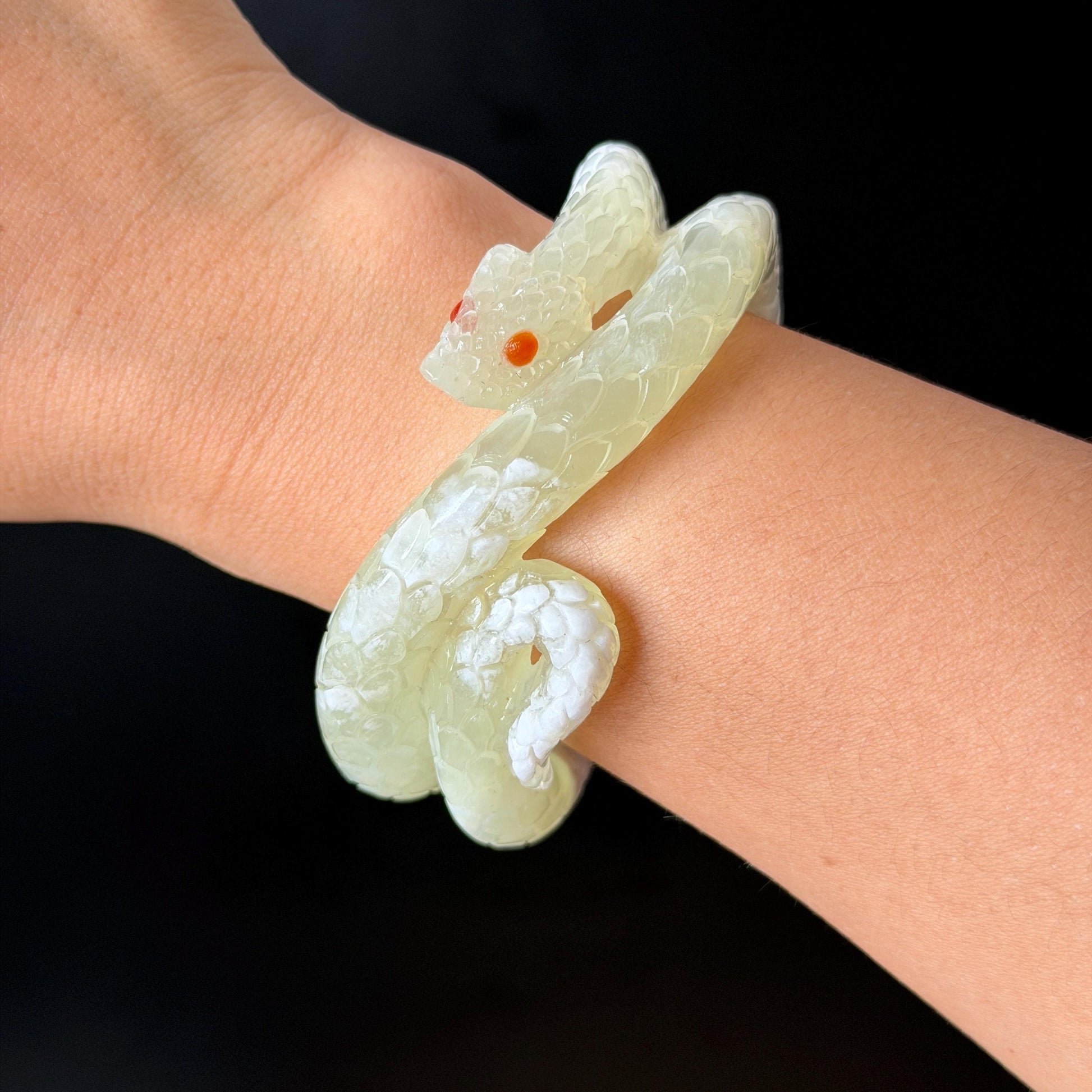 Custom Size 50-65mm! Xiu Jade White Snake Hand Carved Bangle: Certified Natural Serpentine White & Green Jade with Red Agate handcrafted Bracelet 3D stone carving Accept Customized order tailor-made bangle customized gift snake lover natural jade with certificate bracelet green jade white jade certified jade stone bangle gemstone bracelet crystal bangle jade carving personalized gift make to order antique bracelet chinese untreated jade birthday gift hallow out red agate bracelet