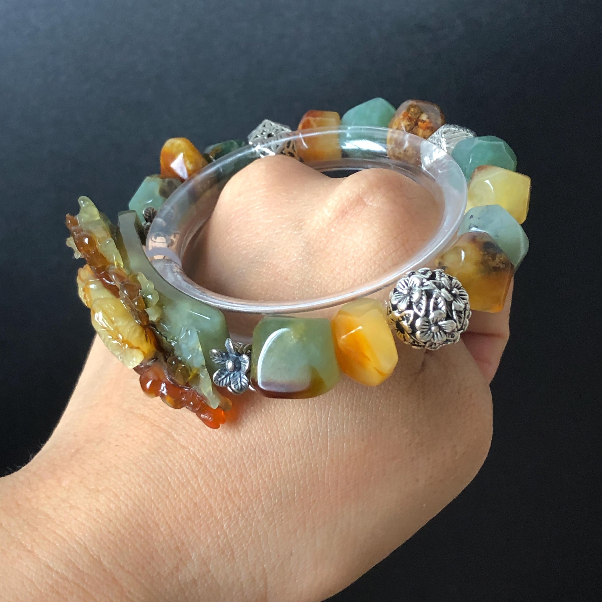 Xiu Jade Magpie Birds Plum Blossom Flower Hand Carved Charm with Irregular Bead Stretch Elastic Bracelet : Natural Serpentine Multicolor jade Yellow Green Yellow Jade with Vintage Tibetan Silver | Handcrafted Crystal Stone Gemstone Gift for her  Blue Jade Carving Green Jade Yellow Jade Brown Jewelry diy bracelet ntreated jade engraved  bird charm big bead elastic stretch bracelet 3D stone carving personalized bracelet personalised gift customized bracelet tailor made bird lover gift
