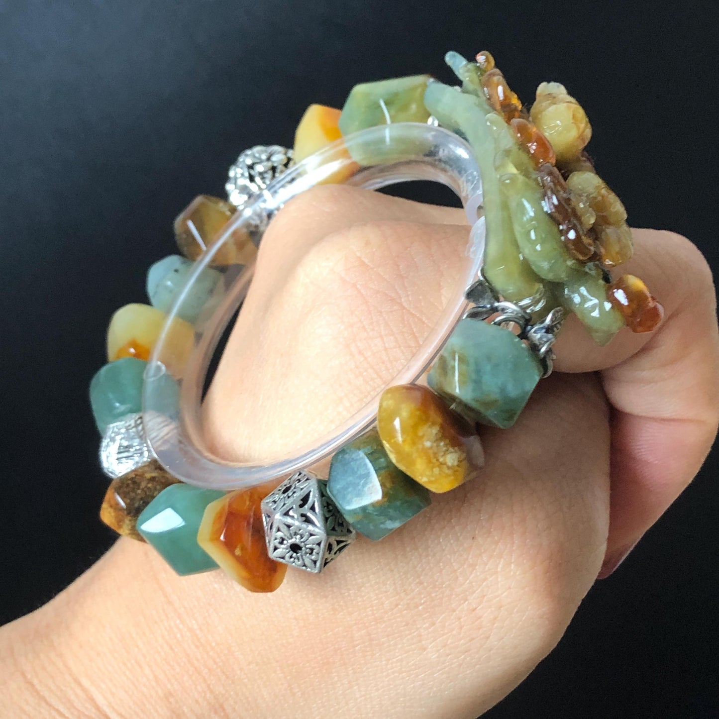 Xiu Jade Magpie Birds Plum Blossom Flower Hand Carved Charm with Irregular Bead Stretch Elastic Bracelet : Natural Serpentine Multicolor jade Yellow Green Yellow Jade with Vintage Tibetan Silver | Handcrafted Crystal Stone Gemstone Gift for her  Blue Jade Carving Green Jade Yellow Jade Brown Jewelry diy bracelet ntreated jade engraved  bird charm big bead elastic stretch bracelet 3D stone carving personalized bracelet personalised gift customized bracelet tailor made bird lover gift