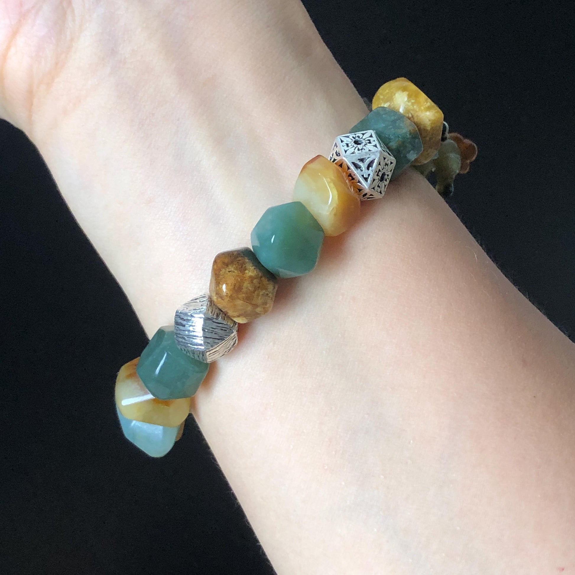Xiu Jade Magpie Birds Plum Blossom Flower Hand Carved Charm with Irregular Bead Stretch Elastic Bracelet : Natural Serpentine Multicolor jade Yellow Green Yellow Jade with Vintage Tibetan Silver | Handcrafted Crystal Stone Gemstone Gift for her  Blue Jade Carving Green Jade Yellow Jade Brown Jewelry diy bracelet ntreated jade engraved  bird charm big bead elastic stretch bracelet 3D stone carving personalized bracelet personalised gift customized bracelet tailor made bird lover gift