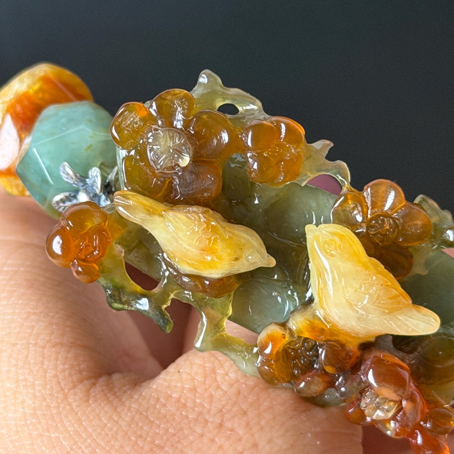 Xiu Jade Magpie Birds Plum Blossom Flower Hand Carved Charm with Irregular Bead Stretch Elastic Bracelet : Natural Serpentine Multicolor jade Yellow Green Yellow Jade with Vintage Tibetan Silver | Handcrafted Crystal Stone Gemstone Gift for her  Blue Jade Carving Green Jade Yellow Jade Brown Jewelry diy bracelet ntreated jade engraved  bird charm big bead elastic stretch bracelet 3D stone carving personalized bracelet personalised gift customized bracelet tailor made bird lover gift
