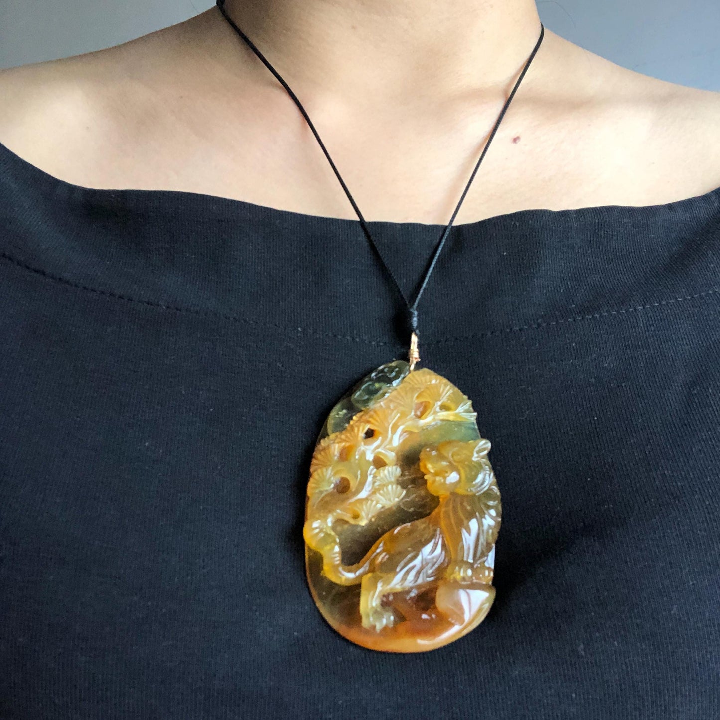 Xiu Jade Tiger in the wood Pine Tree Hand Carved Pendant Adjustable Necklace: Certified Natural Serpentine Bi-color Ice Yellow Green Jade Handcrafted Charm 3D Stone Carving yellow jade carving green jade 3D carving tiger carving pine tree carving tiger pendant animals carving charm adjustable necklace for men choker jade with certificate untreated jade lucky charm tiger lover gift handcrafted jade relief carving birthday gift big pendant huge charm
