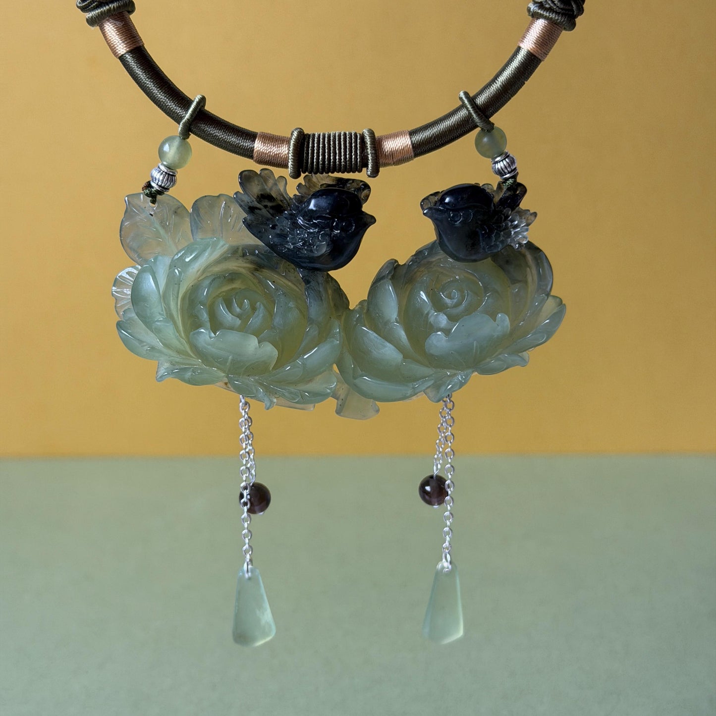 Xiu Jade Magpie Birds and Peony Flower Hand Carved Pendant Adjustable Necklace Choker: Certified Natural Serpentine Black Green Jade Handcrafted Charm | Fortune & Happiness | Stone Crystal Gemstone Jewellery Gift for her, black jade carving green jade carving peony carving flower carving hand engraved peony chinese jade pendant necklace vintage necklace antique necklace certificate jade natural untreated jade certified jade modern necklace bird carving braided necklace dangle wedding gift