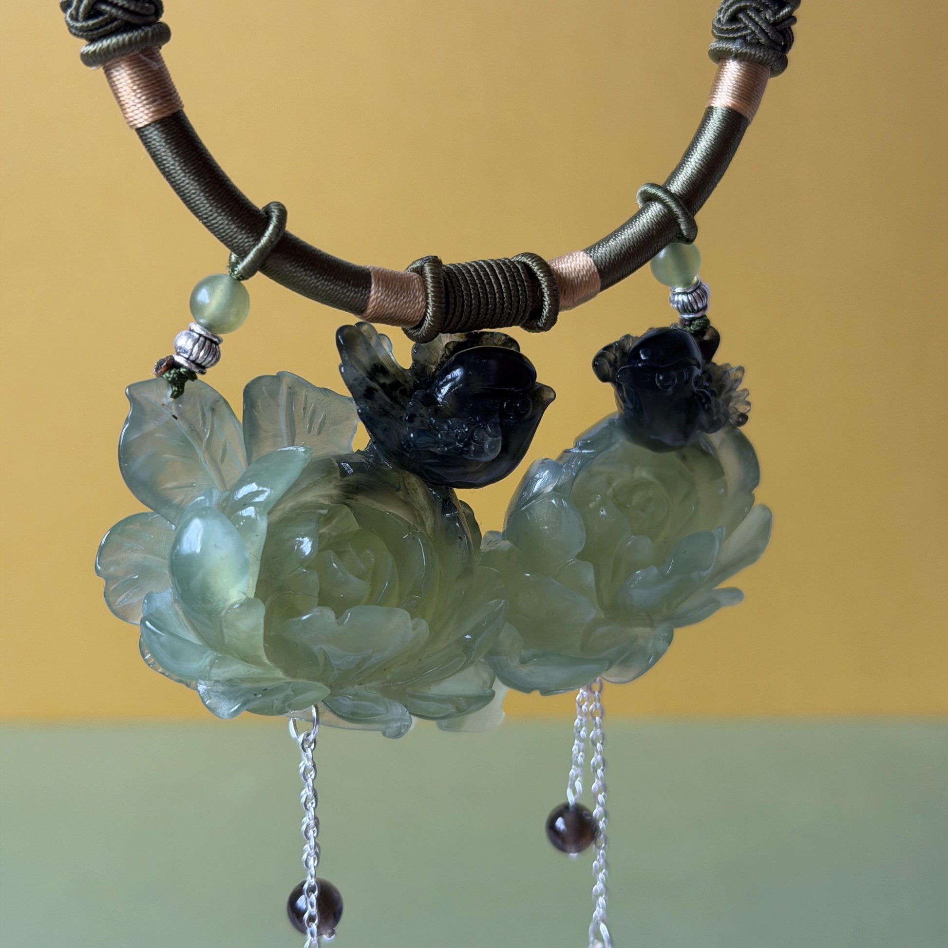 Xiu Jade Magpie Birds and Peony Flower Hand Carved Pendant Adjustable Necklace Choker: Certified Natural Serpentine Black Green Jade Handcrafted Charm | Fortune & Happiness | Stone Crystal Gemstone Jewellery Gift for her, black jade carving green jade carving peony carving flower carving hand engraved peony chinese jade pendant necklace vintage necklace antique necklace certificate jade natural untreated jade certified jade modern necklace bird carving braided necklace dangle wedding gift