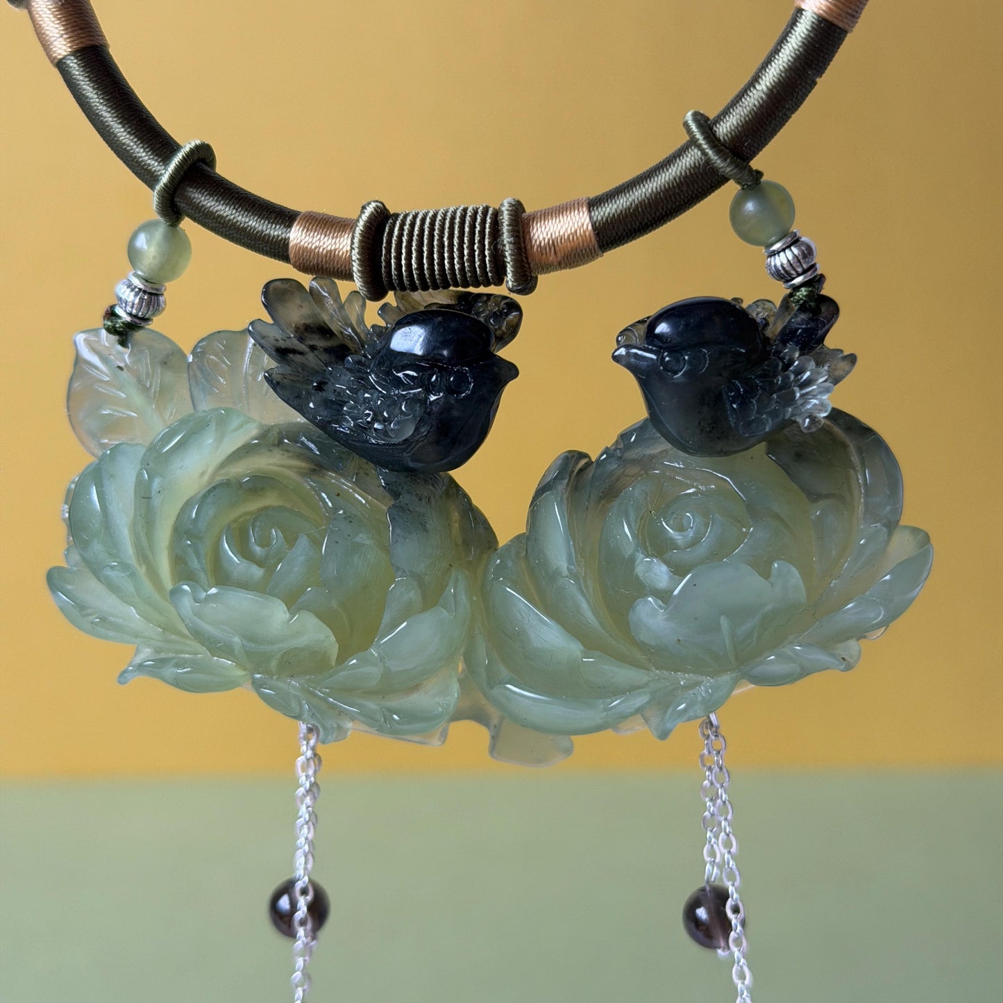 Xiu Jade Magpie Birds and Peony Flower Hand Carved Pendant Adjustable Necklace Choker: Certified Natural Serpentine Black Green Jade Handcrafted Charm | Fortune & Happiness | Stone Crystal Gemstone Jewellery Gift for her, black jade carving green jade carving peony carving flower carving hand engraved peony chinese jade pendant necklace vintage necklace antique necklace certificate jade natural untreated jade certified jade modern necklace bird carving braided necklace dangle wedding gift