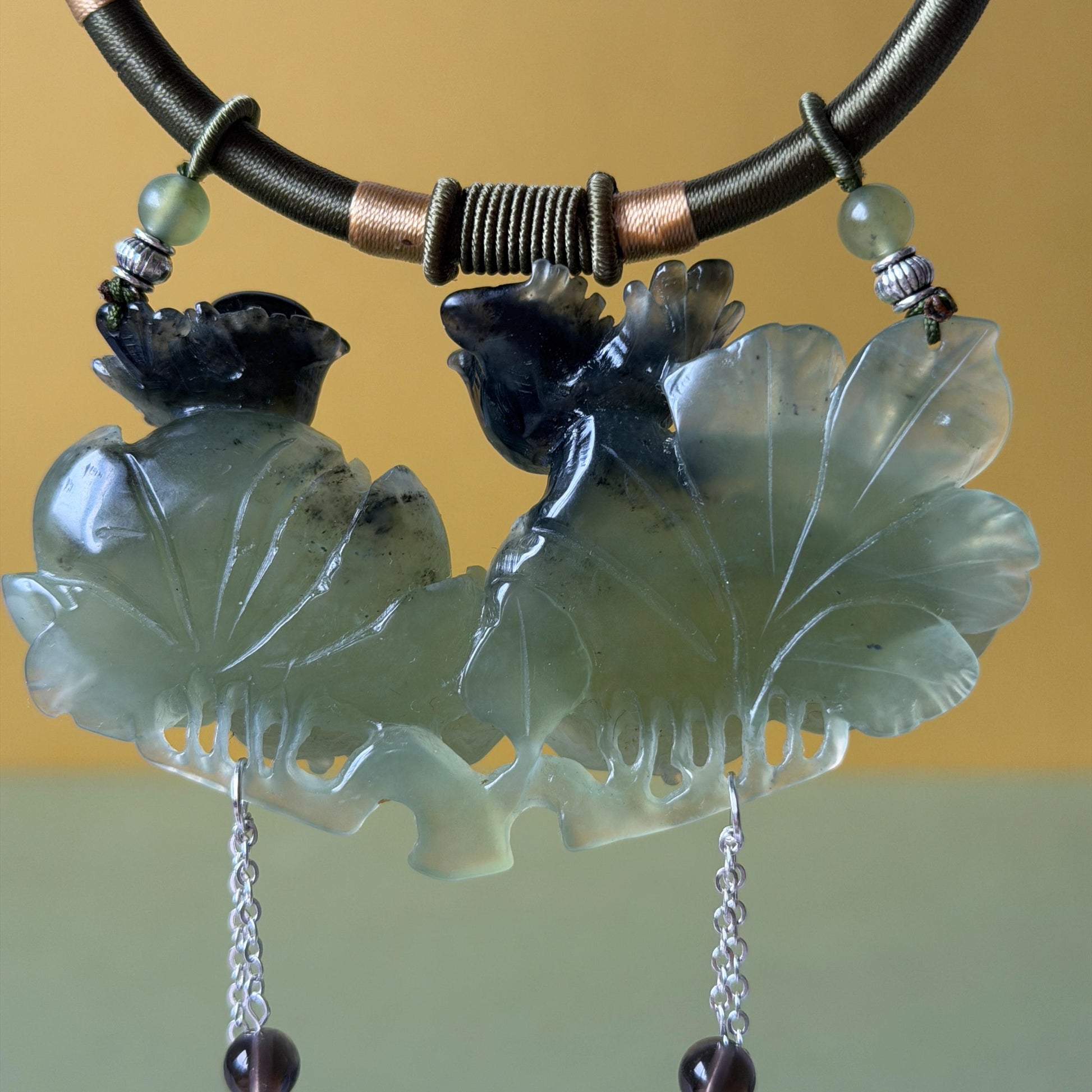 Xiu Jade Magpie Birds and Peony Flower Hand Carved Pendant Adjustable Necklace Choker: Certified Natural Serpentine Black Green Jade Handcrafted Charm | Fortune & Happiness | Stone Crystal Gemstone Jewellery Gift for her, black jade carving green jade carving peony carving flower carving hand engraved peony chinese jade pendant necklace vintage necklace antique necklace certificate jade natural untreated jade certified jade modern necklace bird carving braided necklace dangle wedding gift