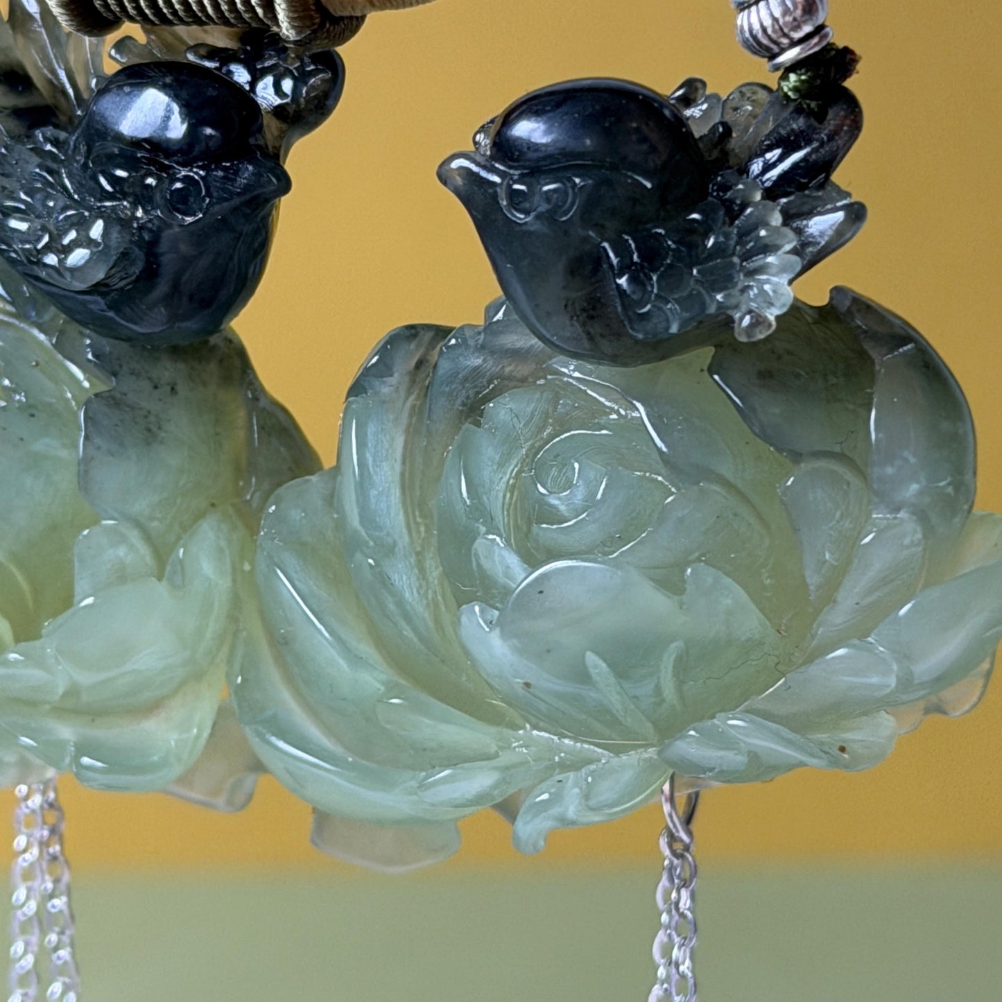 Xiu Jade Magpie Birds and Peony Flower Hand Carved Pendant Adjustable Necklace Choker: Certified Natural Serpentine Black Green Jade Handcrafted Charm | Fortune & Happiness | Stone Crystal Gemstone Jewellery Gift for her, black jade carving green jade carving peony carving flower carving hand engraved peony chinese jade pendant necklace vintage necklace antique necklace certificate jade natural untreated jade certified jade modern necklace bird carving braided necklace dangle wedding gift