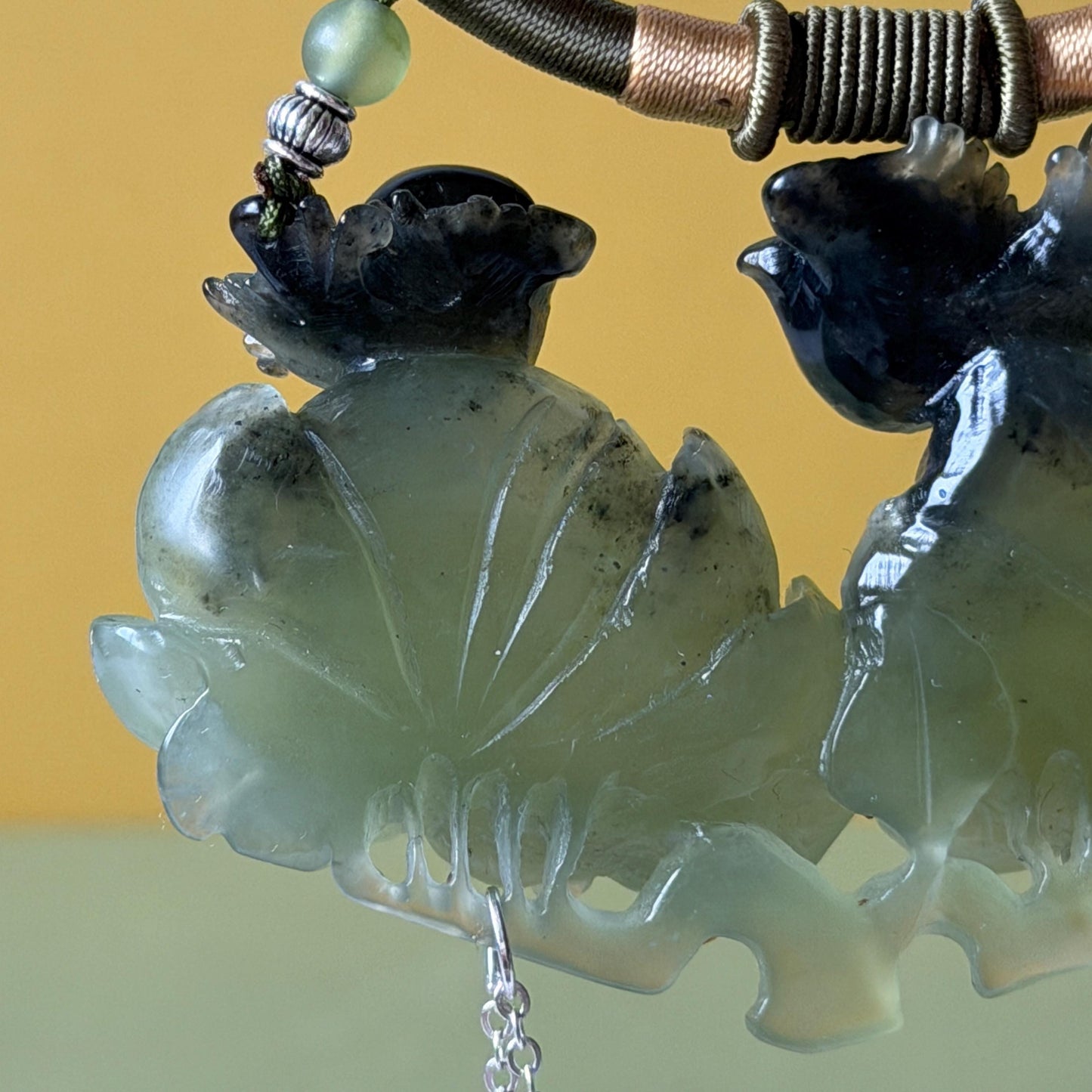 Xiu Jade Magpie Birds and Peony Flower Hand Carved Pendant Adjustable Necklace Choker: Certified Natural Serpentine Black Green Jade Handcrafted Charm | Fortune & Happiness | Stone Crystal Gemstone Jewellery Gift for her, black jade carving green jade carving peony carving flower carving hand engraved peony chinese jade pendant necklace vintage necklace antique necklace certificate jade natural untreated jade certified jade modern necklace bird carving braided necklace dangle wedding gift