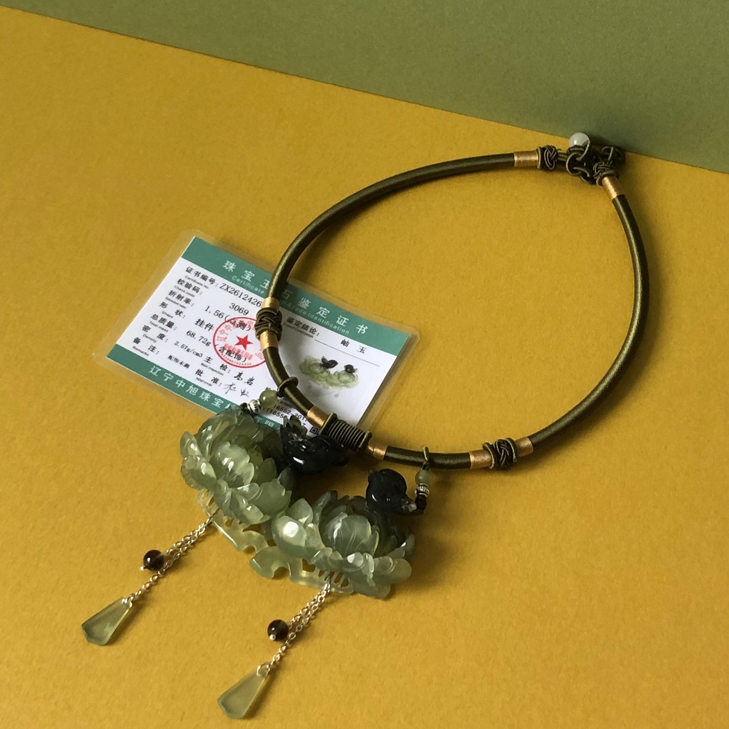 Xiu Jade Magpie Birds Peony Flower Hand Carved Pendant Adjustable Necklace: Certified Natural Serpentine Black Green Jade Handcrafted Charm