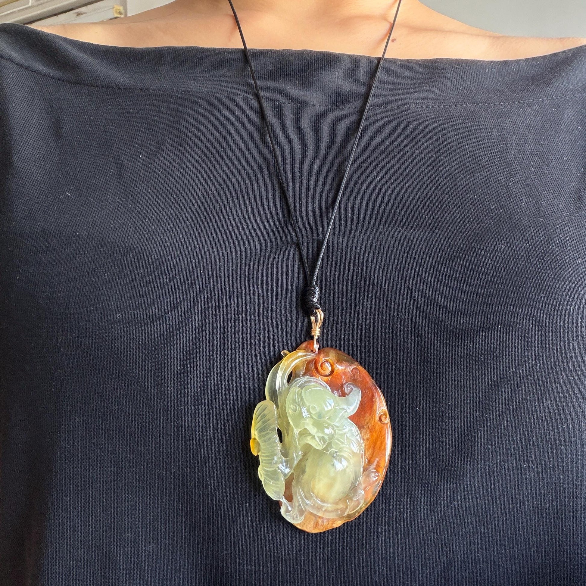 Xiu Jade Pixiu & Ruyi Hand Carved Pendant Adjustable Necklace: Certified Natural Serpentine Brown & Yellow Jade Hand Engraved Charm | Abundance & Wealth | Stone Crystal Gemstone Jewellery gift for her gift for him hand engraved jade handcrafted jade charm yellow jade brown jade red jade multicolor jade relief carving 3D stone carving pixiu carving antique pendant asian vintage charm lucky charm big pendant certificate jade untreat real jade pixiu lover gift protection charm