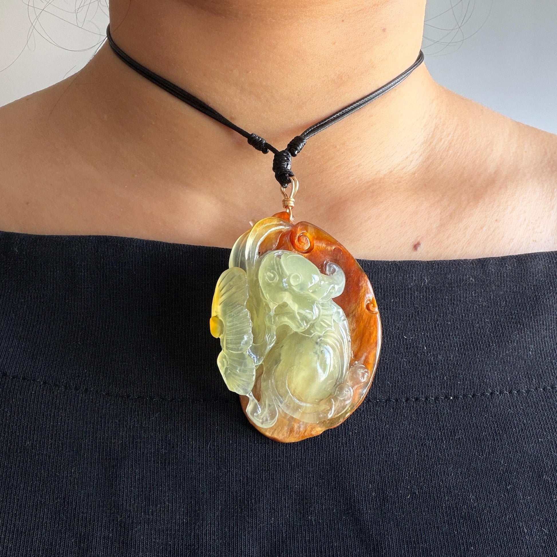 Xiu Jade Pixiu & Ruyi Hand Carved Pendant Adjustable Necklace: Certified Natural Serpentine Brown & Yellow Jade Hand Engraved Charm | Abundance & Wealth | Stone Crystal Gemstone Jewellery gift for her gift for him hand engraved jade handcrafted jade charm yellow jade brown jade red jade multicolor jade relief carving 3D stone carving pixiu carving antique pendant asian vintage charm lucky charm big pendant certificate jade untreat real jade pixiu lover gift protection charm