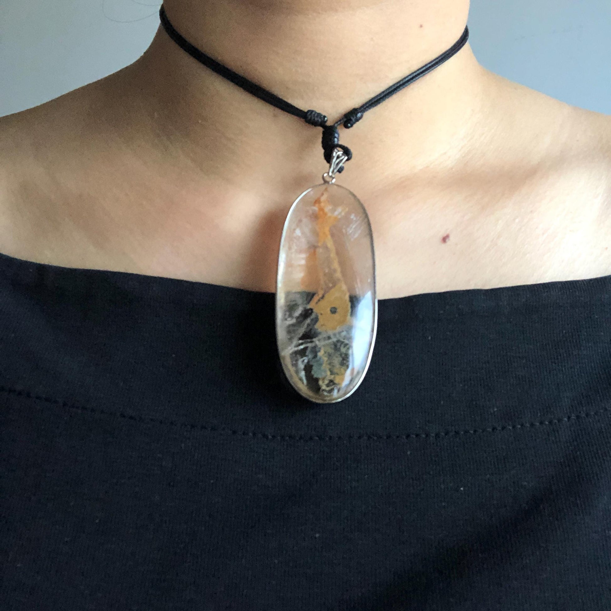Ultra Rare! Enhydro Quartz Shimmering Golden Yellow Sand Waterfall S925 Silver Polished Pendant Adjustable Necklace | Natural Gemstone Birthstone Gift for her enhydro quartz sand water-fall pendant necklace choker gemstone charm stone pendant choker polished stone pendant crystal charm birthstone men necklace chakra crystal minerals specimen silver wire wrapped pendant inclusion crystal inclusion crystal yellow sand inclusion certified untreated crystal with certificate of authenticity