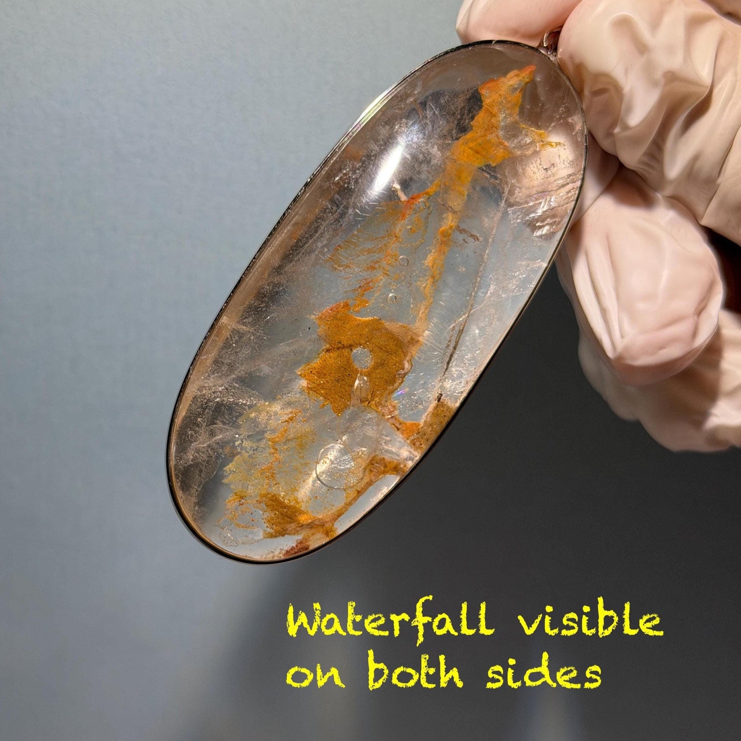 Ultra Rare! Enhydro Quartz Shimmering Golden Yellow Sand Waterfall Polished Inclusion Crystal Silver Pendant with Authenticity Certificate