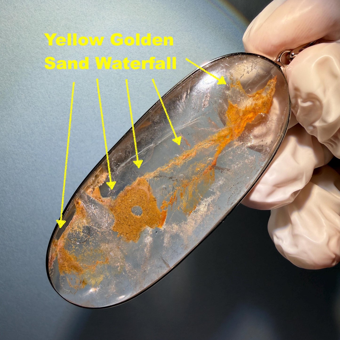 Ultra Rare! Enhydro Quartz Shimmering Golden Yellow Sand Waterfall S925 Silver Polished Pendant Adjustable Necklace | Natural Gemstone Birthstone Gift for her enhydro quartz sand water-fall pendant necklace choker gemstone charm stone pendant choker polished stone pendant crystal charm birthstone men necklace chakra crystal minerals specimen silver wire wrapped pendant inclusion crystal inclusion crystal yellow sand inclusion certified untreated crystal with certificate of authenticity