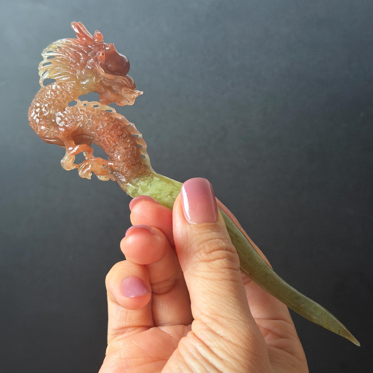 Xiu Jade Fire Dragon Hand Carved Hair Pin: Certified Natural Serpentine Gold Red Jade Handcrafted Hanfu Hair Stick 3D Stone Carving Hair Stick | Asian Vintage Hair Fork Gift for her japanese hairpin korean hair stick hanfu hair fork vintage hair comb antique hair pins dragon carving hand engraved dragon red jade gold jade yellow jade carving hand carved dragon hair stick fire dragon golden dragon wedding headpiece bridal hair jewelry engagement hair accessory antique hair fork wedding headpiece
