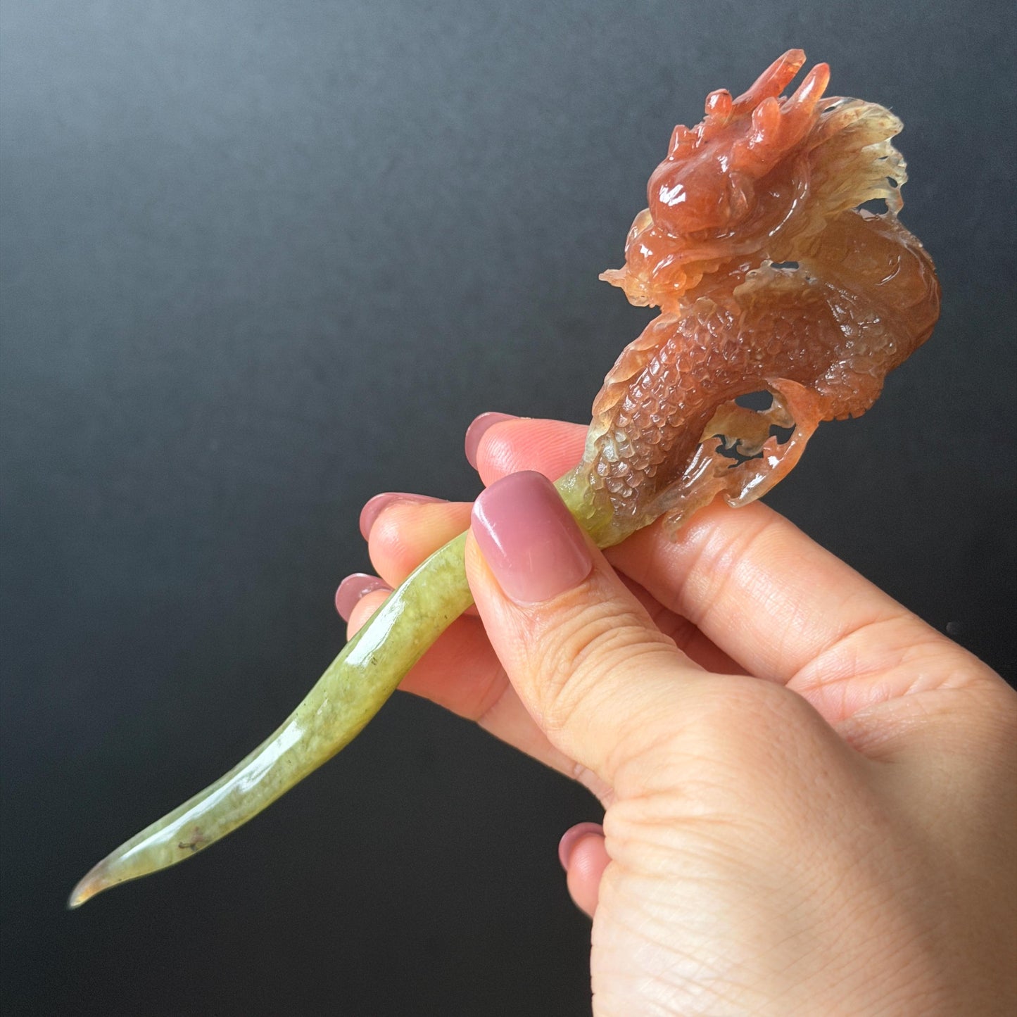 Xiu Jade Fire Dragon Hand Carved Hair Pin: Certified Natural Serpentine Gold Red Jade Handcrafted Hanfu Hair Stick 3D Stone Carving Hair Stick | Asian Vintage Hair Fork Gift for her japanese hairpin korean hair stick hanfu hair fork vintage hair comb antique hair pins dragon carving hand engraved dragon red jade gold jade yellow jade carving hand carved dragon hair stick fire dragon golden dragon wedding headpiece bridal hair jewelry engagement hair accessory antique hair fork wedding headpiece
