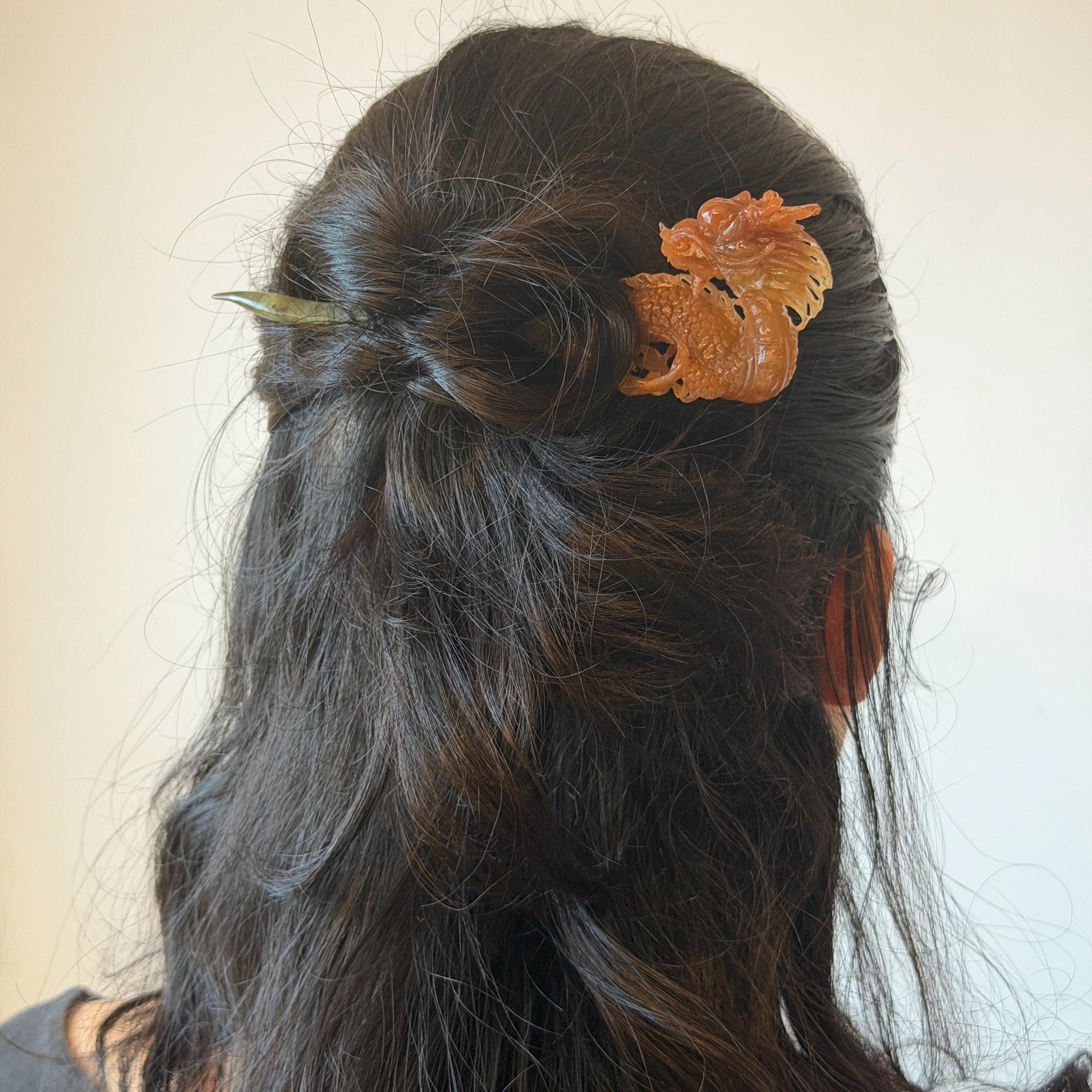 Xiu Jade Fire Dragon Hand Carved Hair Pin: Certified Natural Serpentine Gold Red Jade Handcrafted Hanfu Hair Stick 3D Stone Carving Hair Stick | Asian Vintage Hair Fork Gift for her japanese hairpin korean hair stick hanfu hair fork vintage hair comb antique hair pins dragon carving hand engraved dragon red jade gold jade yellow jade carving hand carved dragon hair stick fire dragon golden dragon wedding headpiece bridal hair jewelry engagement hair accessory antique hair fork wedding headpiece