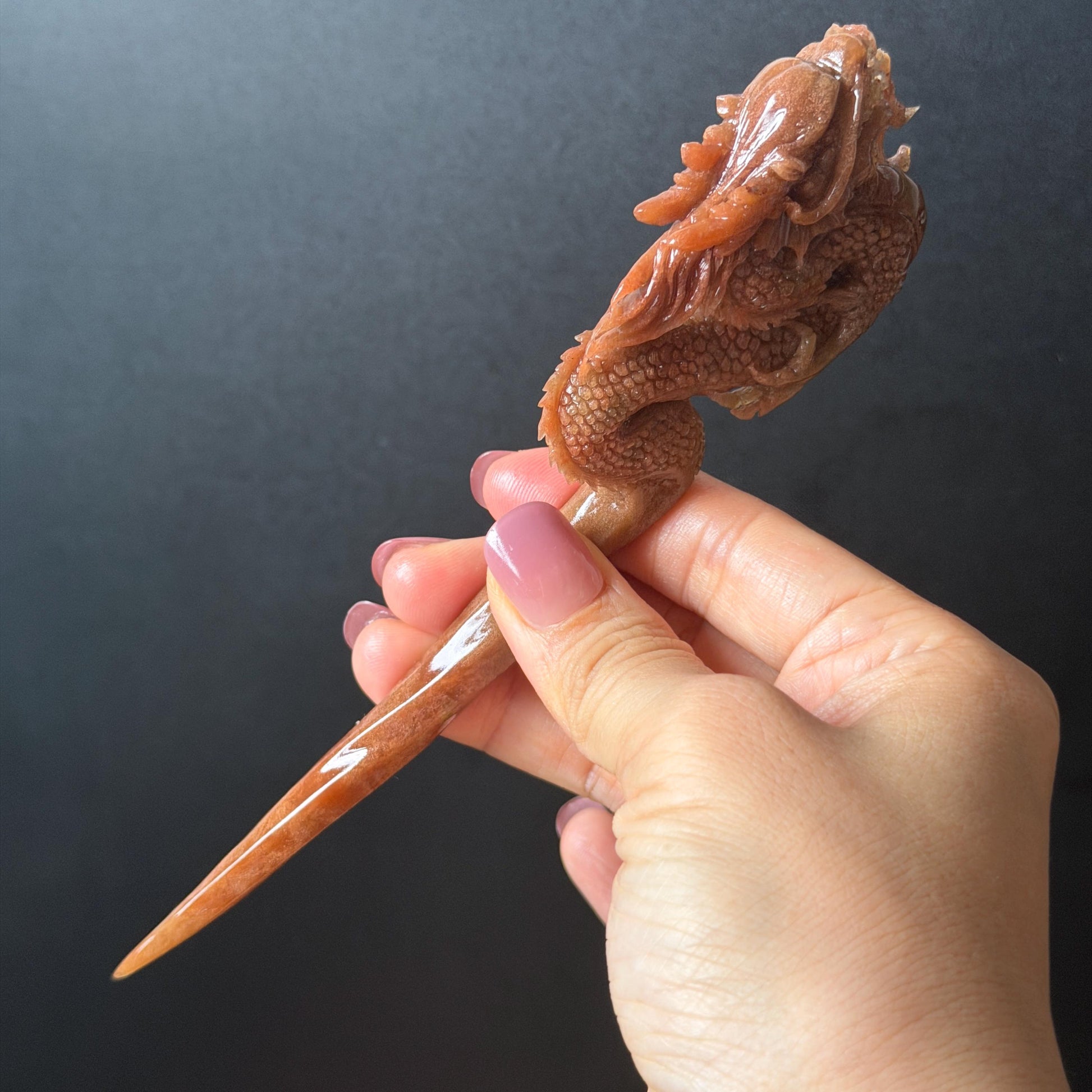 Xiu Jade Fire Dragon Hand Carved Hair Pin: Certified Natural Serpentine Brownish Red Jade Handcrafted Hanfu Hair Stick 3D Stone Carving Hair Stick Asian Vintage Hair Fork Gift for her japanese hairpin korean hair stick hanfu hair fork vintage hair comb antique hair pins dragon carving hand engraved dragon red jade brown jade carving hand carved dragon carving fire dragon wedding headpiece bridal hair jewelry engagement hair accessory antique hair fork wedding headpiece