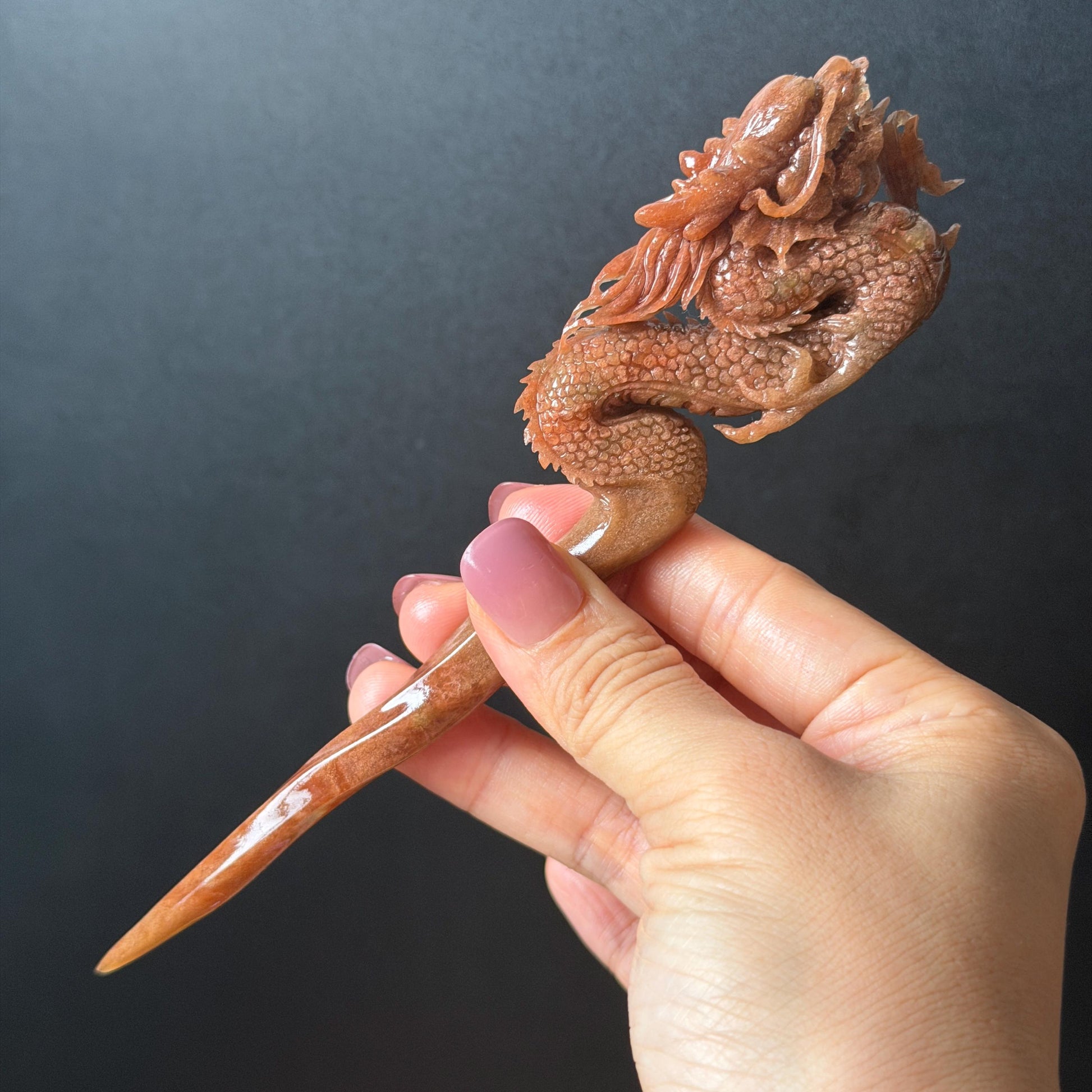 Xiu Jade Fire Dragon Hand Carved Hair Pin: Certified Natural Serpentine Brownish Red Jade Handcrafted Hanfu Hair Stick 3D Stone Carving Hair Stick Asian Vintage Hair Fork Gift for her japanese hairpin korean hair stick hanfu hair fork vintage hair comb antique hair pins dragon carving hand engraved dragon red jade brown jade carving hand carved dragon carving fire dragon wedding headpiece bridal hair jewelry engagement hair accessory antique hair fork wedding headpiece