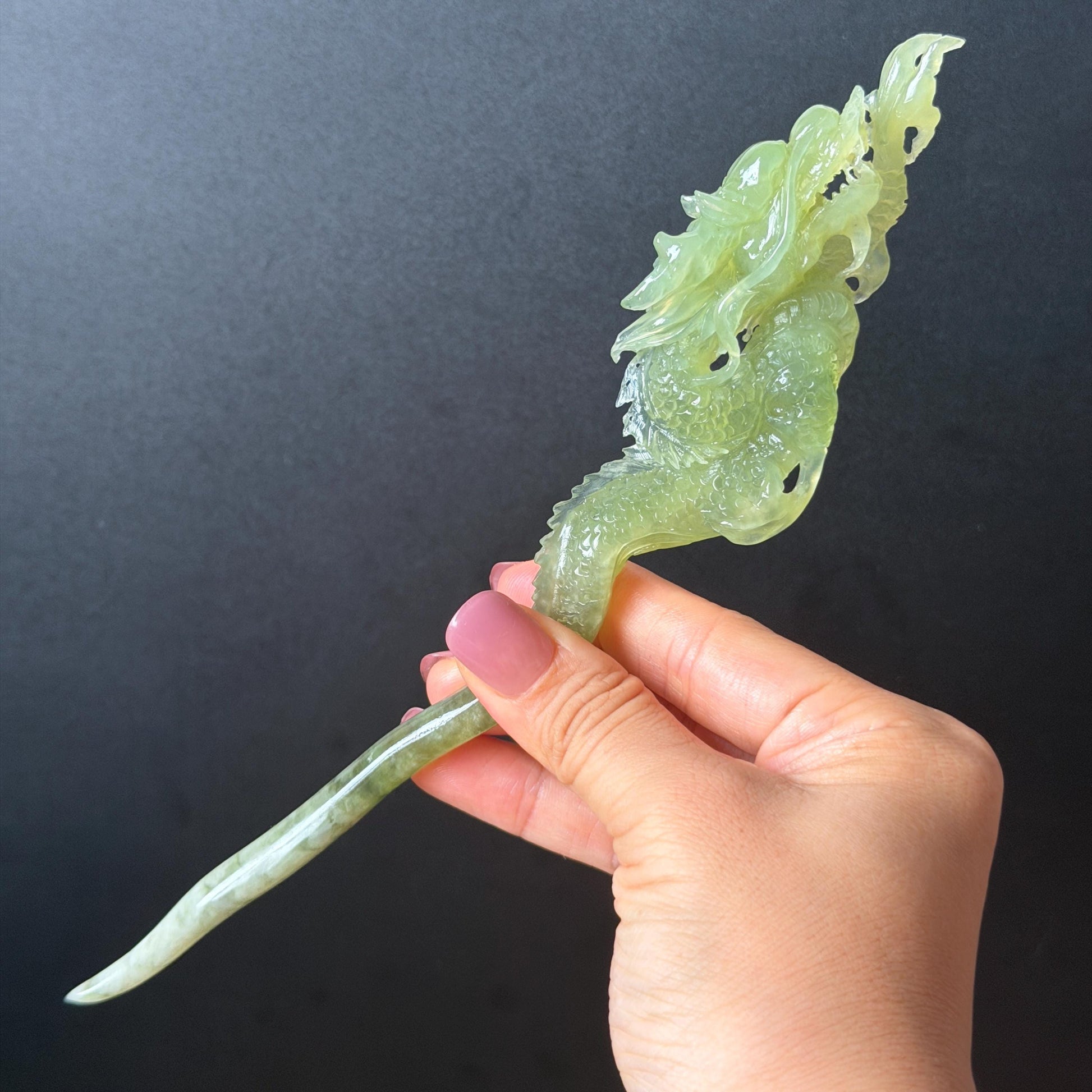 Xiu Jade Green Dragon Hand Carved Hair Pin: Certified Natural Serpentine Ice Green Jade Handcrafted Hanfu Hair Stick 3D Stone Carving Hair Stick Asian Vintage Hair Fork Gift for her japanese hairpin korean hair stick hanfu hair fork vintage hair comb antique hair pins dragon carving hand engraved dragon green jade white jade carving hand carved dragon carving green dragon wedding headpiece bridal hair jewelry engagement hair accessory antique hair fork wedding headpiece hollow out relief carving