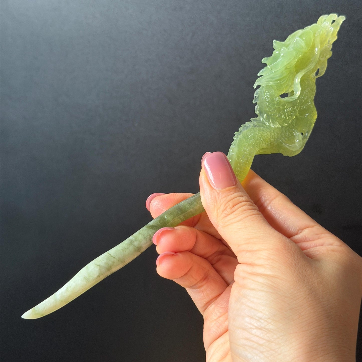Xiu Jade Green Dragon Hand Carved Hair Pin: Certified Natural Serpentine Ice Green Jade Handcrafted Hanfu Hair Stick 3D Stone Carving Hair Stick Asian Vintage Hair Fork Gift for her japanese hairpin korean hair stick hanfu hair fork vintage hair comb antique hair pins dragon carving hand engraved dragon green jade white jade carving hand carved dragon carving green dragon wedding headpiece bridal hair jewelry engagement hair accessory antique hair fork wedding headpiece hollow out relief carving