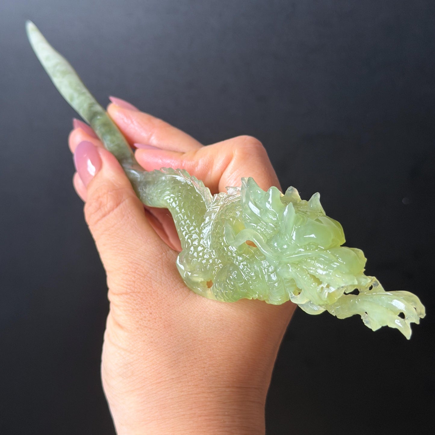 Xiu Jade Green Dragon Hand Carved Hair Pin: Certified Natural Serpentine Ice Green Jade Handcrafted Hanfu Hair Stick 3D Stone Carving Hair Stick Asian Vintage Hair Fork Gift for her japanese hairpin korean hair stick hanfu hair fork vintage hair comb antique hair pins dragon carving hand engraved dragon green jade white jade carving hand carved dragon carving green dragon wedding headpiece bridal hair jewelry engagement hair accessory antique hair fork wedding headpiece hollow out relief carving