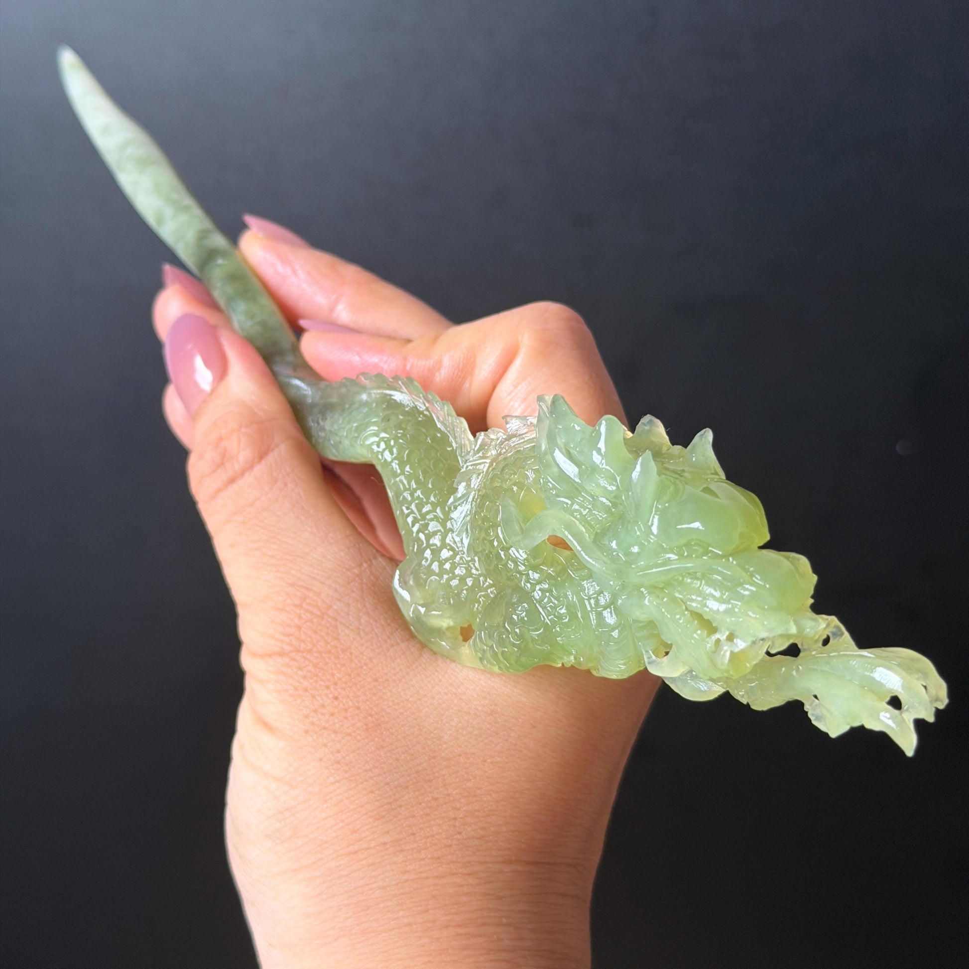 Xiu Jade Green Dragon Hand Carved Hair Pin: Certified Natural Serpentine Ice Green Jade Handcrafted Hanfu Hair Stick 3D Stone Carving Hair Stick Asian Vintage Hair Fork Gift for her japanese hairpin korean hair stick hanfu hair fork vintage hair comb antique hair pins dragon carving hand engraved dragon green jade white jade carving hand carved dragon carving green dragon wedding headpiece bridal hair jewelry engagement hair accessory antique hair fork wedding headpiece hollow out relief carving