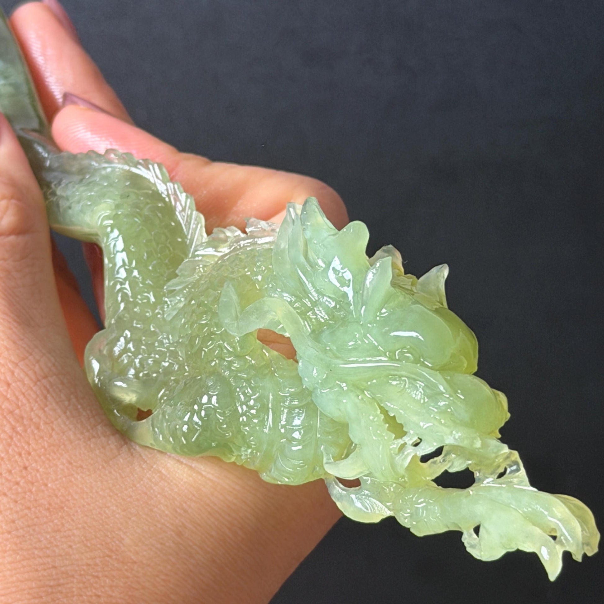 Xiu Jade Green Dragon Hand Carved Hair Pin: Certified Natural Serpentine Ice Green Jade Handcrafted Hanfu Hair Stick 3D Stone Carving Hair Stick Asian Vintage Hair Fork Gift for her japanese hairpin korean hair stick hanfu hair fork vintage hair comb antique hair pins dragon carving hand engraved dragon green jade white jade carving hand carved dragon carving green dragon wedding headpiece bridal hair jewelry engagement hair accessory antique hair fork wedding headpiece hollow out relief carving