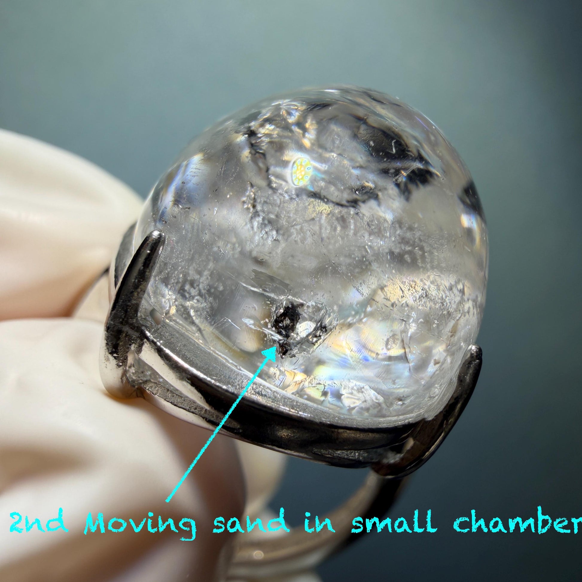 Enhydro Quartz (Herkimer Diamond) S925 Sliver Adjustable Ring: Rainbow! 2 sites of Moving Shimmering Black Mica & Black Bubble Rare Polished Inclusion Crystal Statement Ring for Women  ring crystal band ring crystal cocktail ring crystal stackable ring 7 chakra crystal ring meditation crystal healing stone birthstone ring for men rainbow quartz inclusion quartz inclusion crystal minerals specimen silver ring free size ring adjustable ring holder rain quartz quick sand inclusion water inclusion