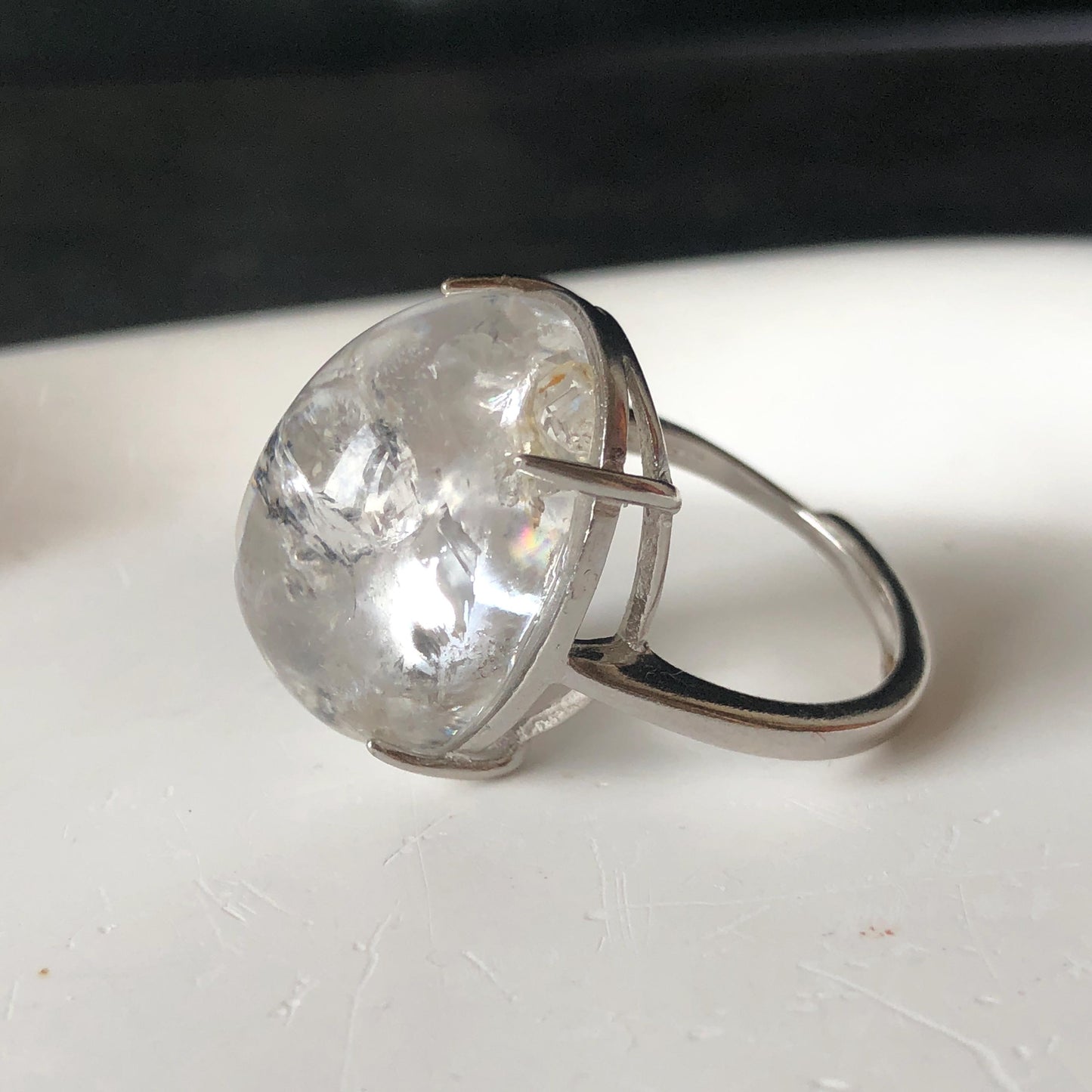 Enhydro Quartz (Herkimer Diamond) S925 Sliver Adjustable Ring: Rainbow! 2 sites of Moving Shimmering Black Mica & Black Bubble Rare Polished Inclusion Crystal Statement Ring for Women  ring crystal band ring crystal cocktail ring crystal stackable ring 7 chakra crystal ring meditation crystal healing stone birthstone ring for men rainbow quartz inclusion quartz inclusion crystal minerals specimen silver ring free size ring adjustable ring holder rain quartz quick sand inclusion water inclusion
