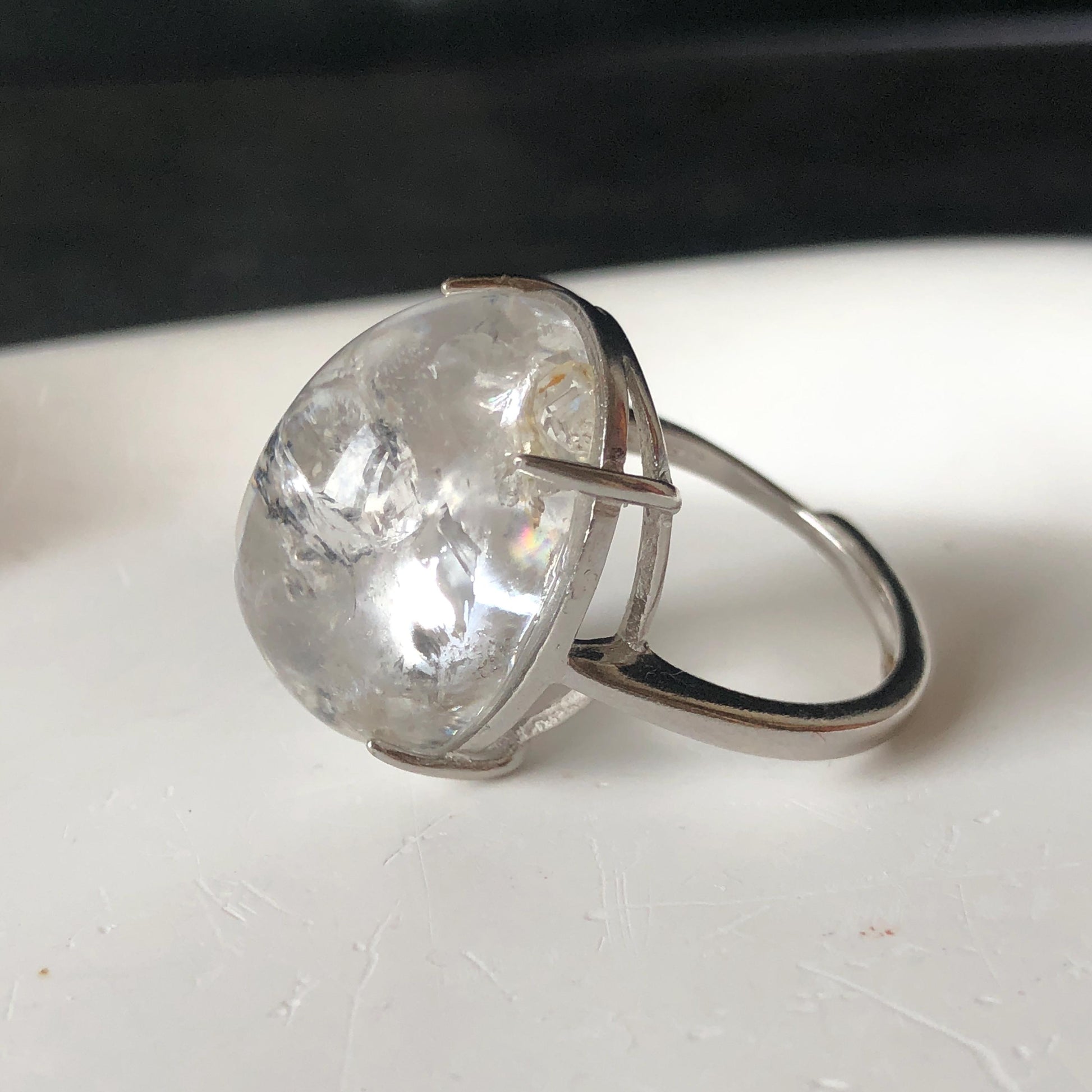 Enhydro Quartz (Herkimer Diamond) S925 Sliver Adjustable Ring: Rainbow! 2 sites of Moving Shimmering Black Mica & Black Bubble Rare Polished Inclusion Crystal Statement Ring for Women  ring crystal band ring crystal cocktail ring crystal stackable ring 7 chakra crystal ring meditation crystal healing stone birthstone ring for men rainbow quartz inclusion quartz inclusion crystal minerals specimen silver ring free size ring adjustable ring holder rain quartz quick sand inclusion water inclusion