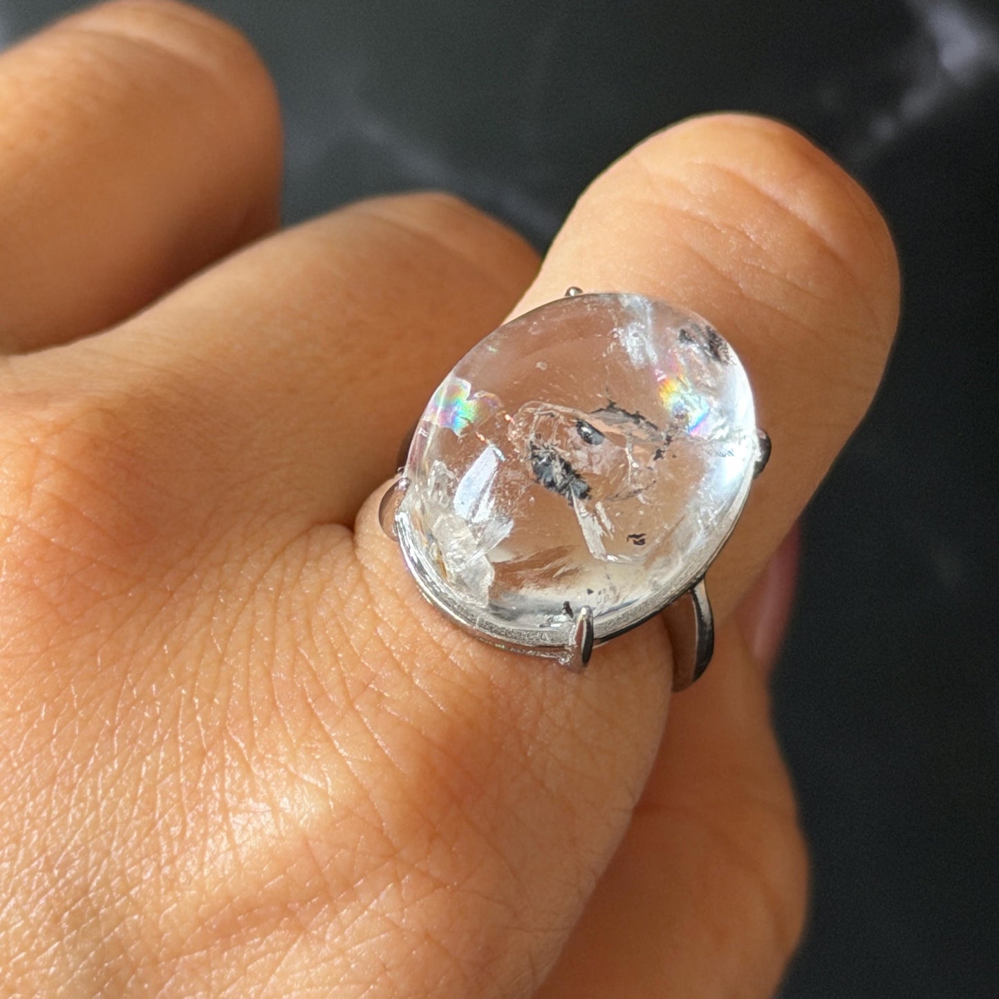 Enhydro Quartz (Herkimer Diamond) S925 Sliver Adjustable Ring: Rainbow! 2 sites of Moving Shimmering Black Mica & Black Bubble Rare Polished Inclusion Crystal Statement Ring for Women  ring crystal band ring crystal cocktail ring crystal stackable ring 7 chakra crystal ring meditation crystal healing stone birthstone ring for men rainbow quartz inclusion quartz inclusion crystal minerals specimen silver ring free size ring adjustable ring holder rain quartz quick sand inclusion water inclusion