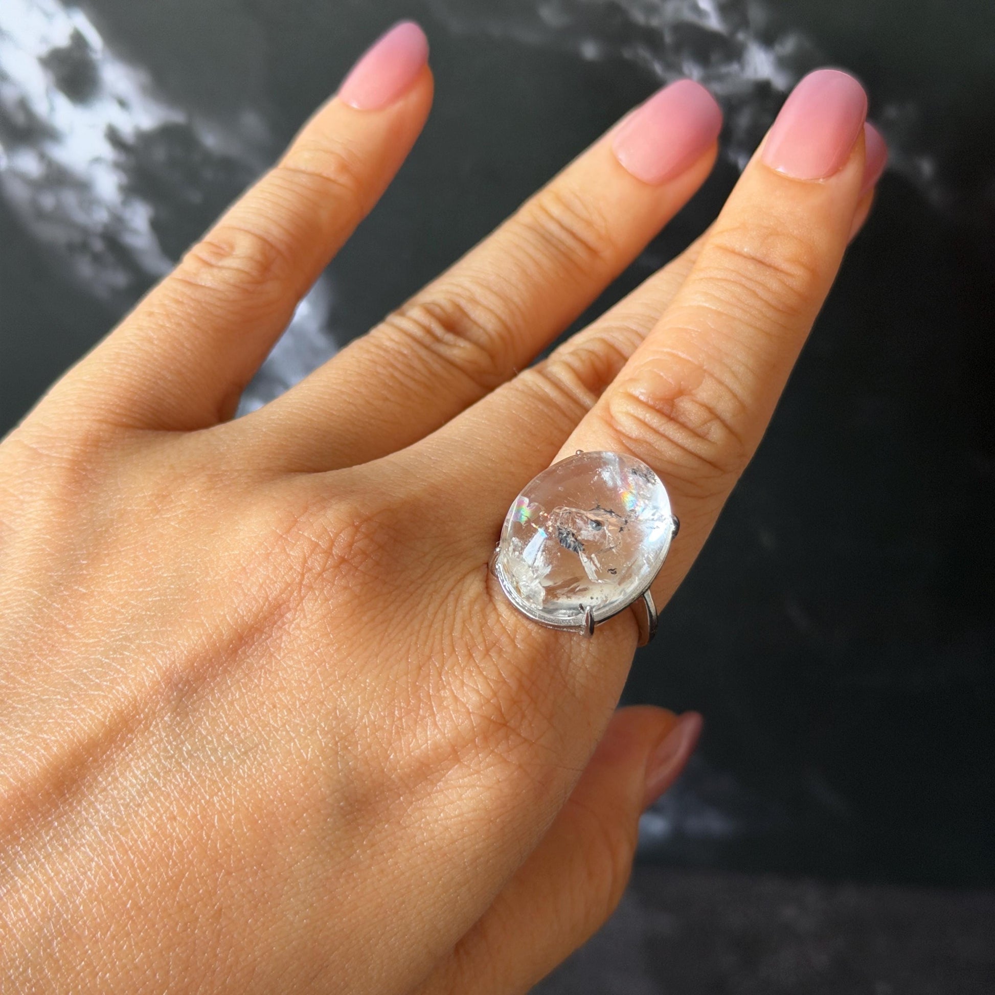 Enhydro Quartz (Herkimer Diamond) S925 Sliver Adjustable Ring: Rainbow! 2 sites of Moving Shimmering Black Mica & Black Bubble Rare Polished Inclusion Crystal Statement Ring for Women  ring crystal band ring crystal cocktail ring crystal stackable ring 7 chakra crystal ring meditation crystal healing stone birthstone ring for men rainbow quartz inclusion quartz inclusion crystal minerals specimen silver ring free size ring adjustable ring holder rain quartz quick sand inclusion water inclusion