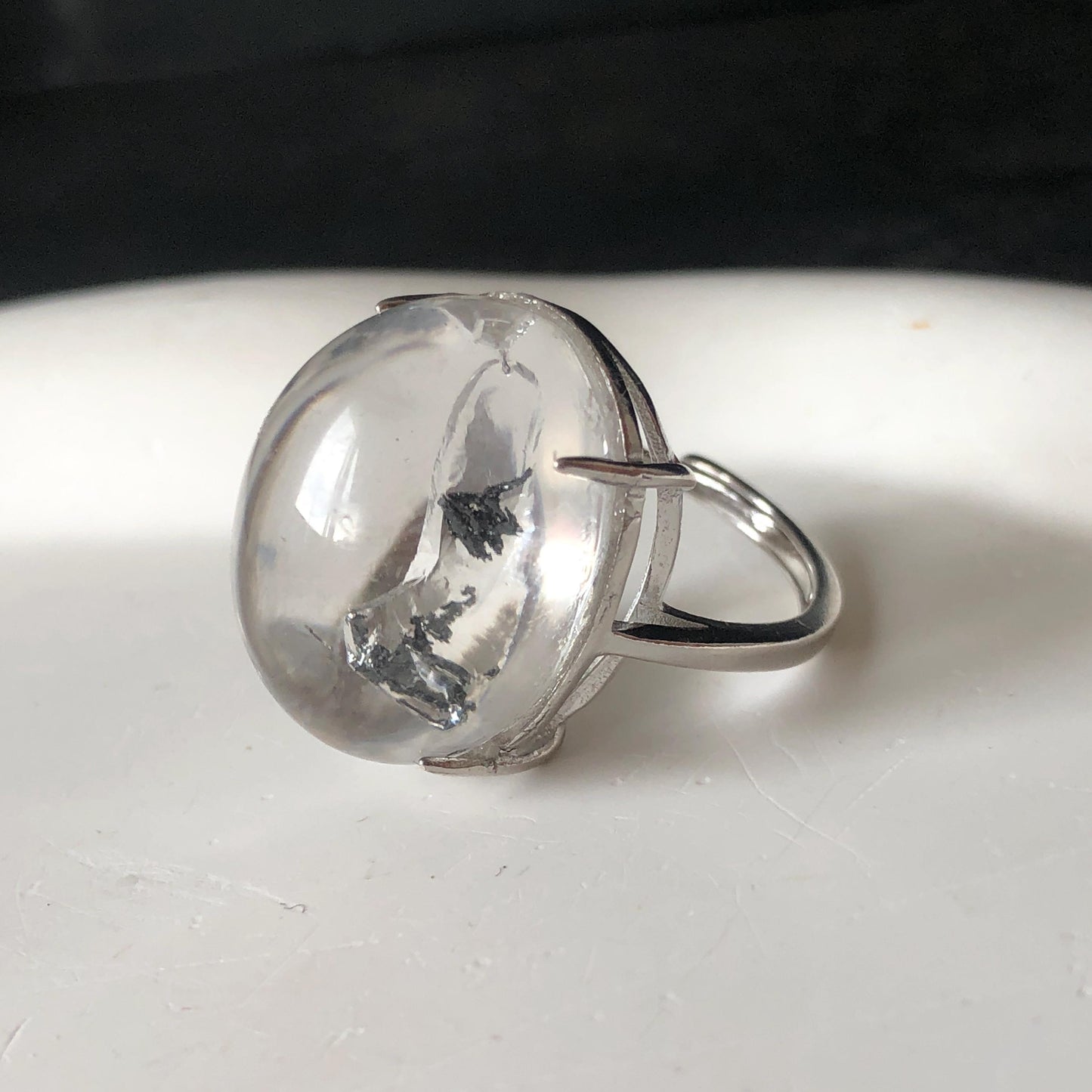 Enhydro Quartz (Herkimer Diamond) S925 Silver Adjustable Ring: Rare Moving Black Tourmaline Inclusion Polished Crystal Statement Ring for Women ring crystal band ring crystal cocktail ring crystal stackable ring 7 chakra crystal ring meditation crystal healing stone birthstone silver ring ring for men rainbow quartz minerals specimen inclusion quartz tourmaline inclusion quick sand inclusion water inclusion cocktail ring stackable ring enhydro crystal ring men statement ring untreated crystal