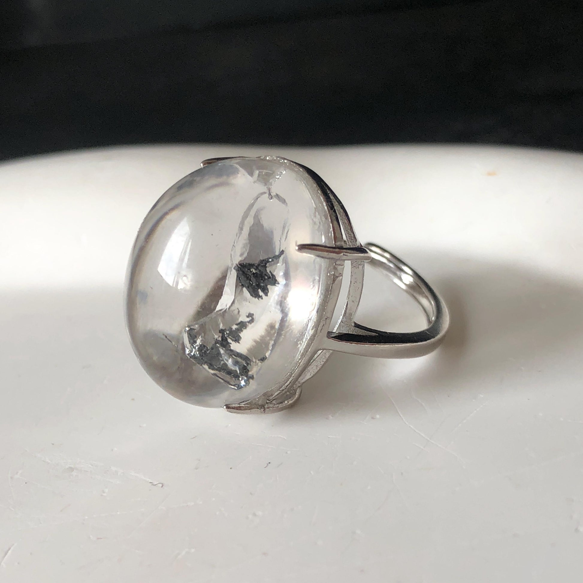 Enhydro Quartz (Herkimer Diamond) S925 Silver Adjustable Ring: Rare Moving Black Tourmaline Inclusion Polished Crystal Statement Ring for Women ring crystal band ring crystal cocktail ring crystal stackable ring 7 chakra crystal ring meditation crystal healing stone birthstone silver ring ring for men rainbow quartz minerals specimen inclusion quartz tourmaline inclusion quick sand inclusion water inclusion cocktail ring stackable ring enhydro crystal ring men statement ring untreated crystal